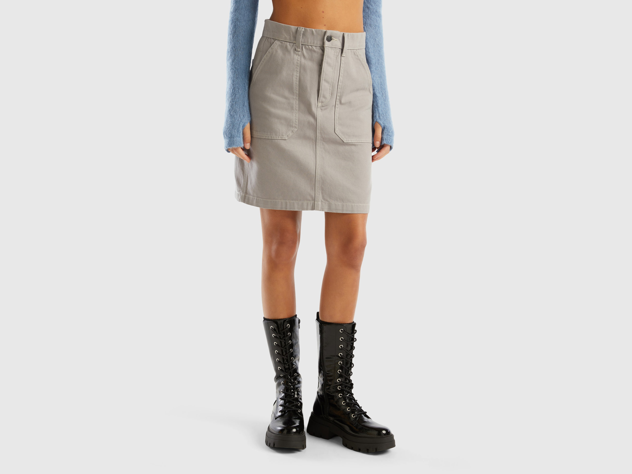 Benetton, Mini Skirt In Cotton Canvas, size 14, Light Gray, Women