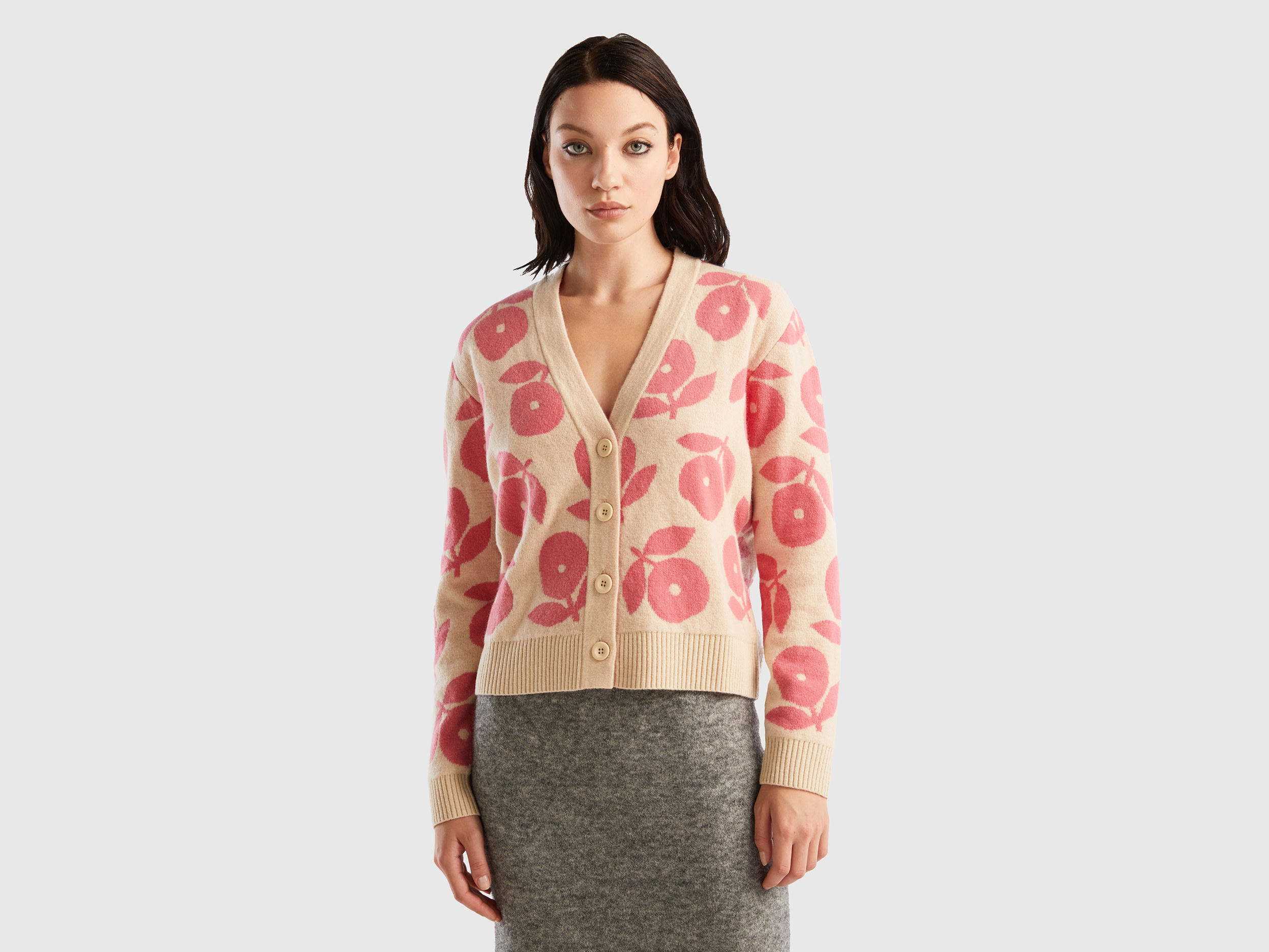 Benetton, Cardigan With Floral Inlays, size L-XL, Beige, Women