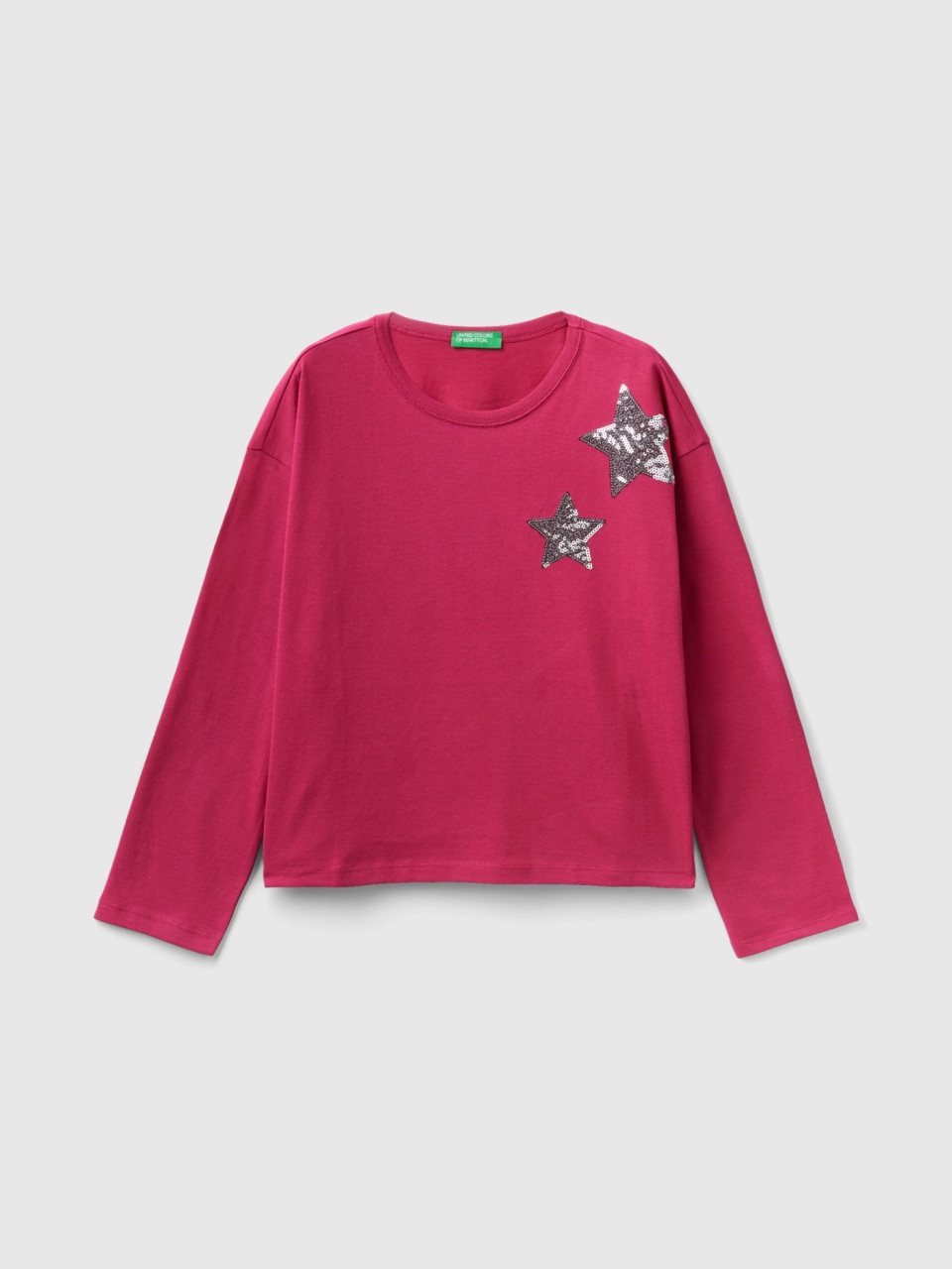 Benetton, T-shirt With Print And Sequins, Cyclamen, Kids