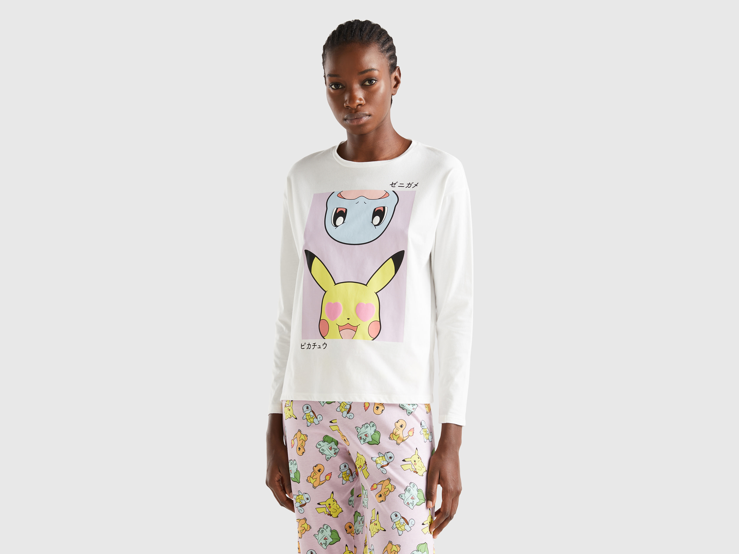 benetton, t-shirt pokémon en coton à fibre longue, taille xs, crème, femme