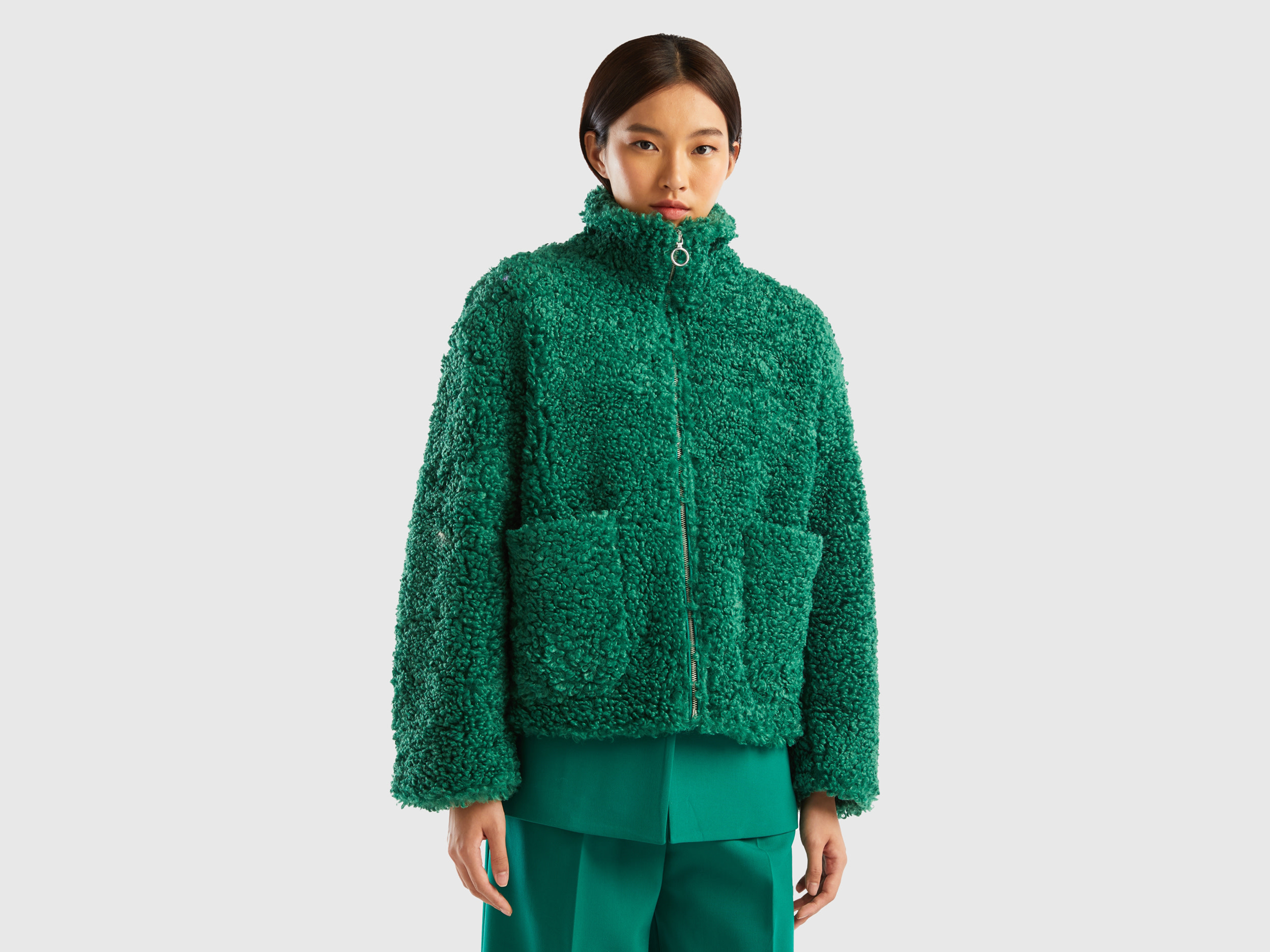 Benetton, Faux Fur Jacket, size S, Green, Women