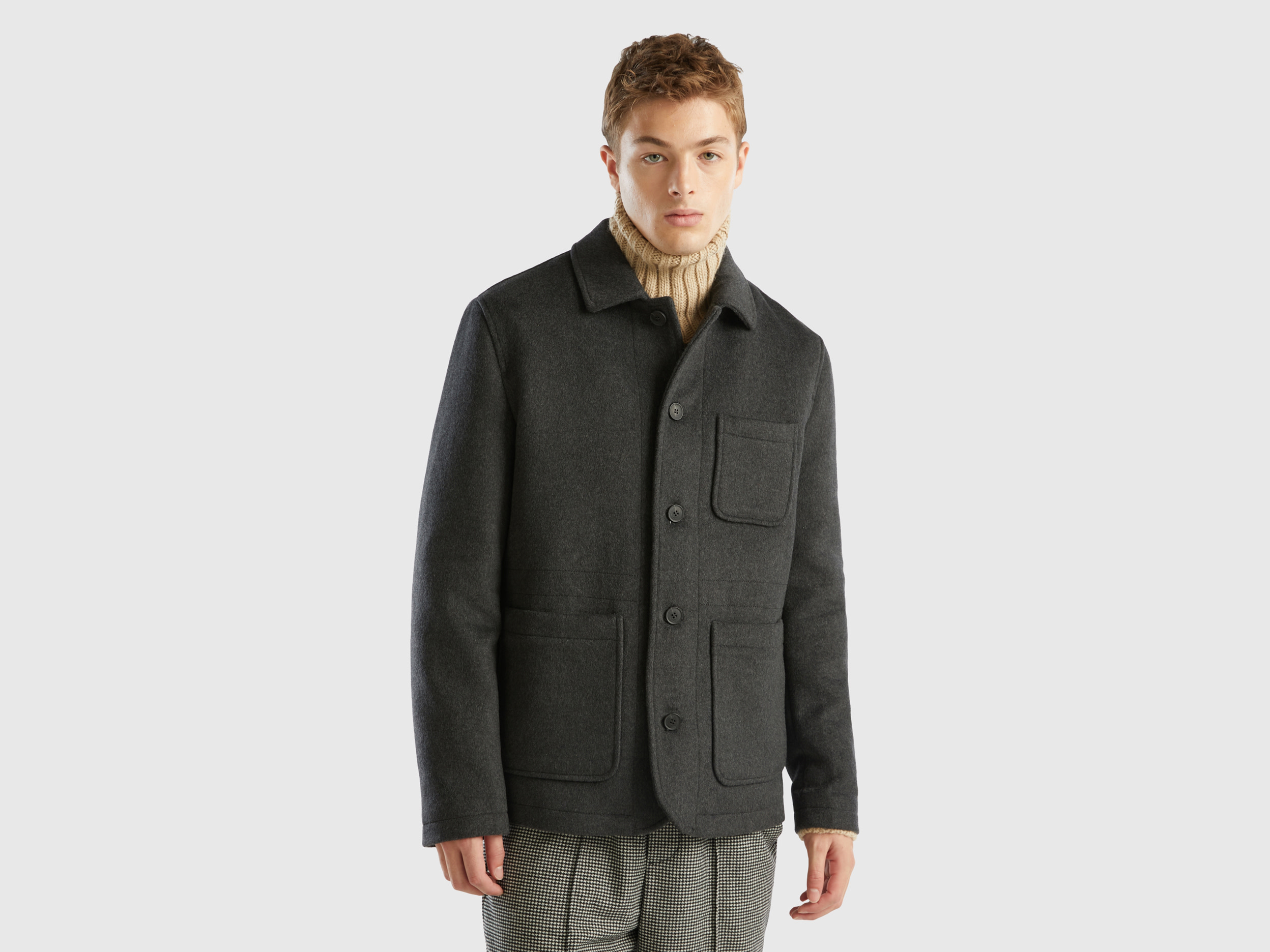 Benetton, Jacket In Woolen Cloth With Pockets, size XL, Dark Gray, Men