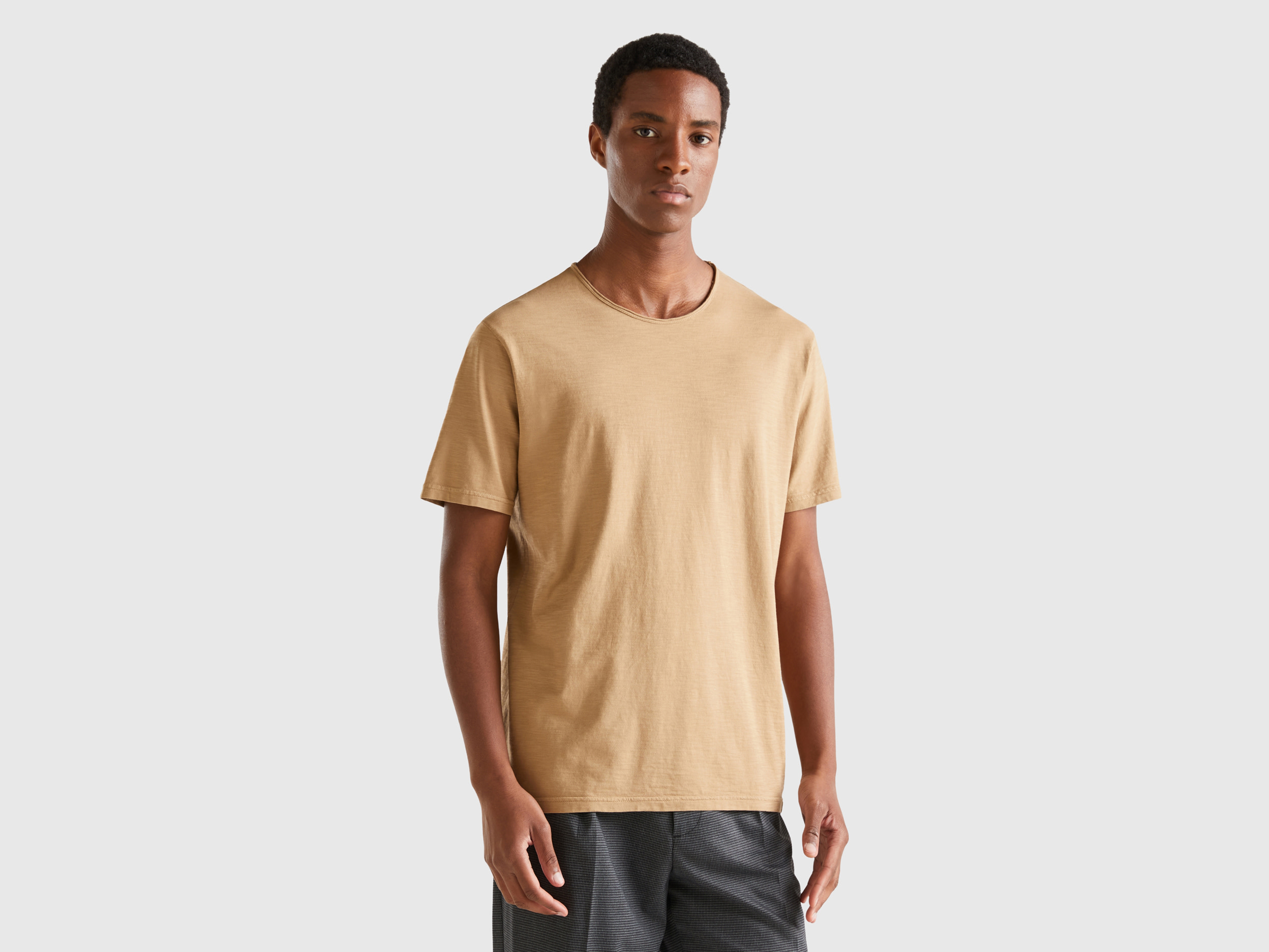 Benetton, Camel T-shirt In Slub Cotton, size L, Camel, Men