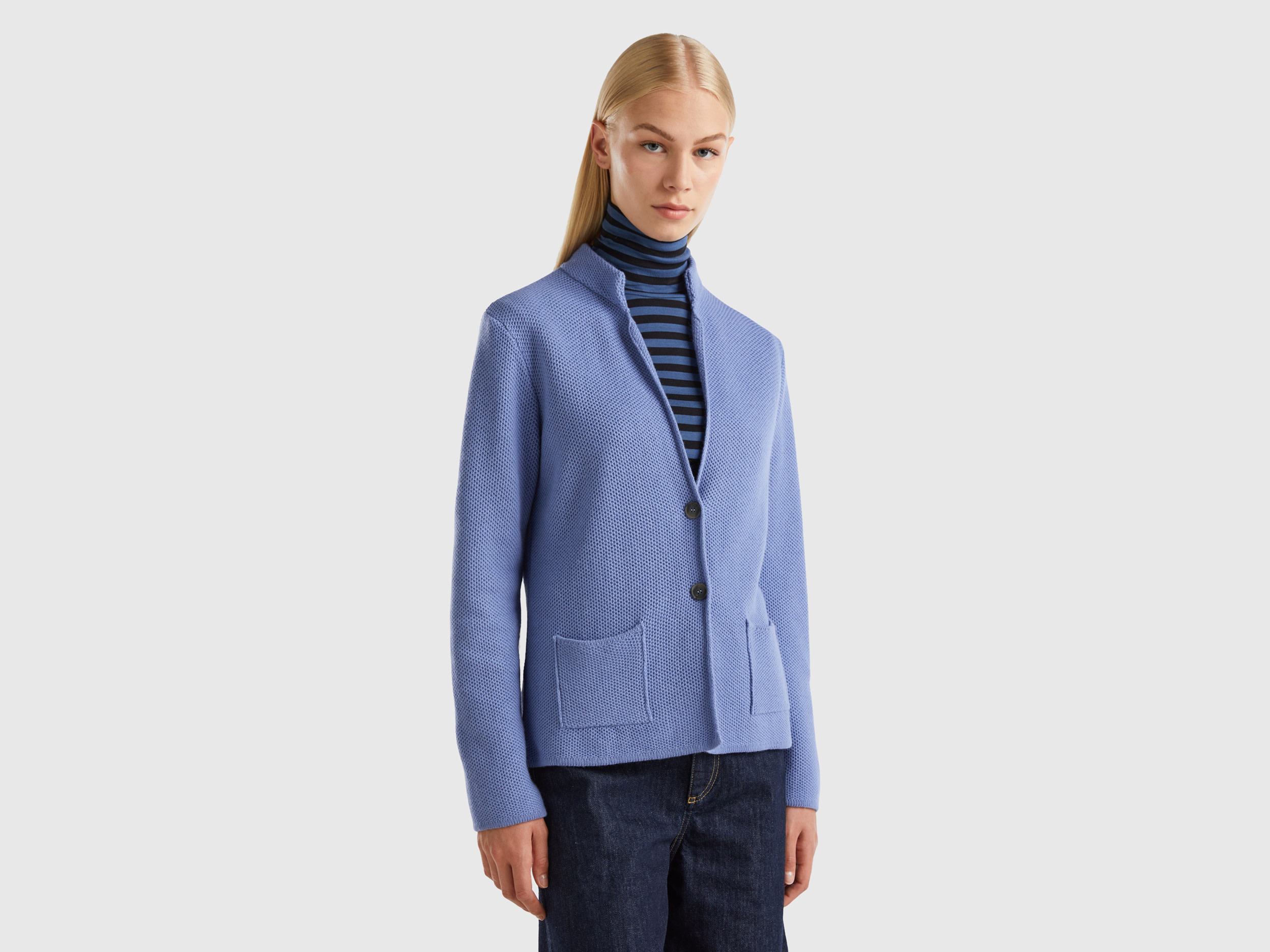 Benetton, Knit Jacket In Wool And Cashmere Blend, size L, Light Blue, Women