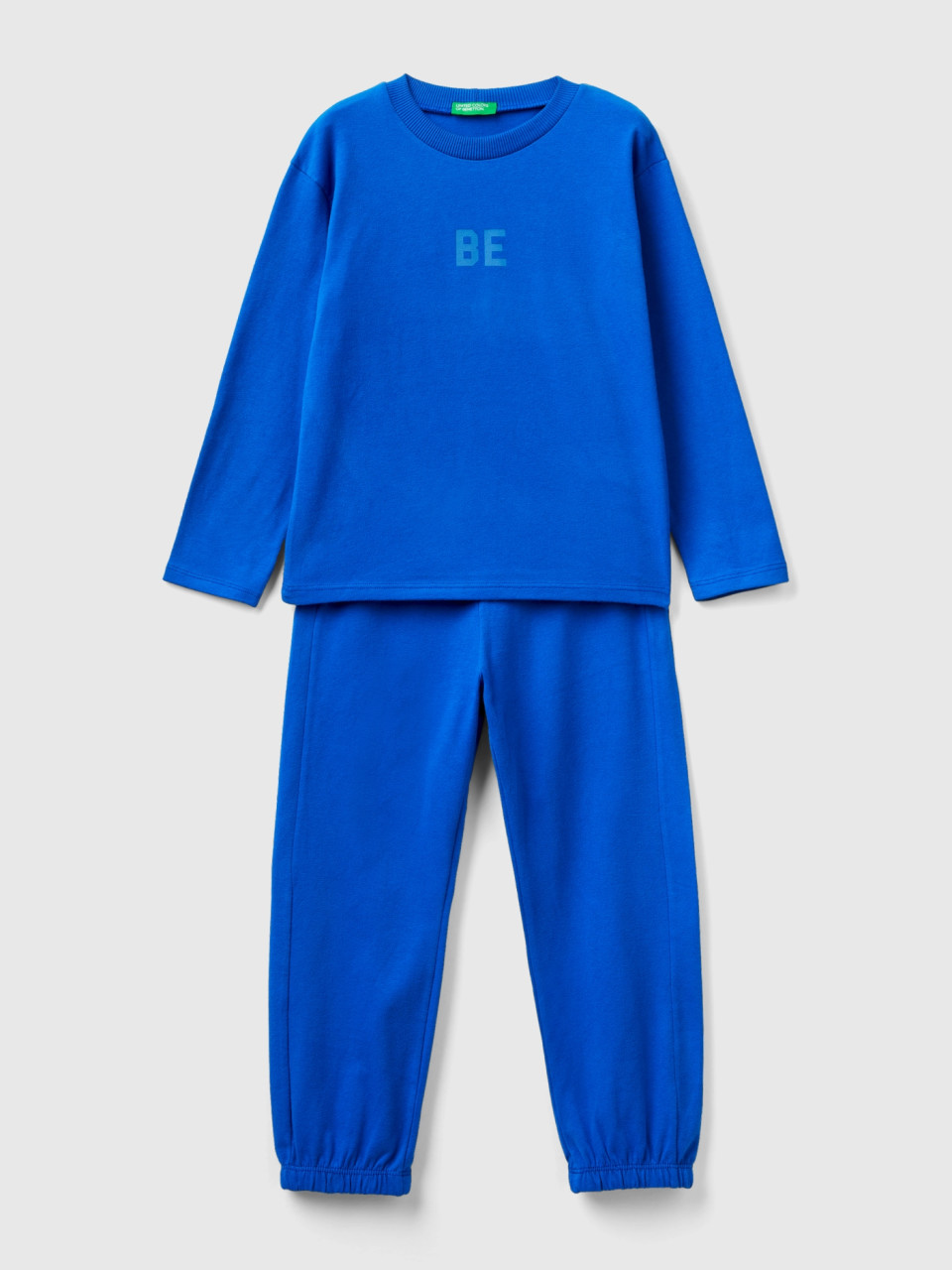 Benetton, Long Pyjamas In Warm Jersey, Bright Blue, Kids