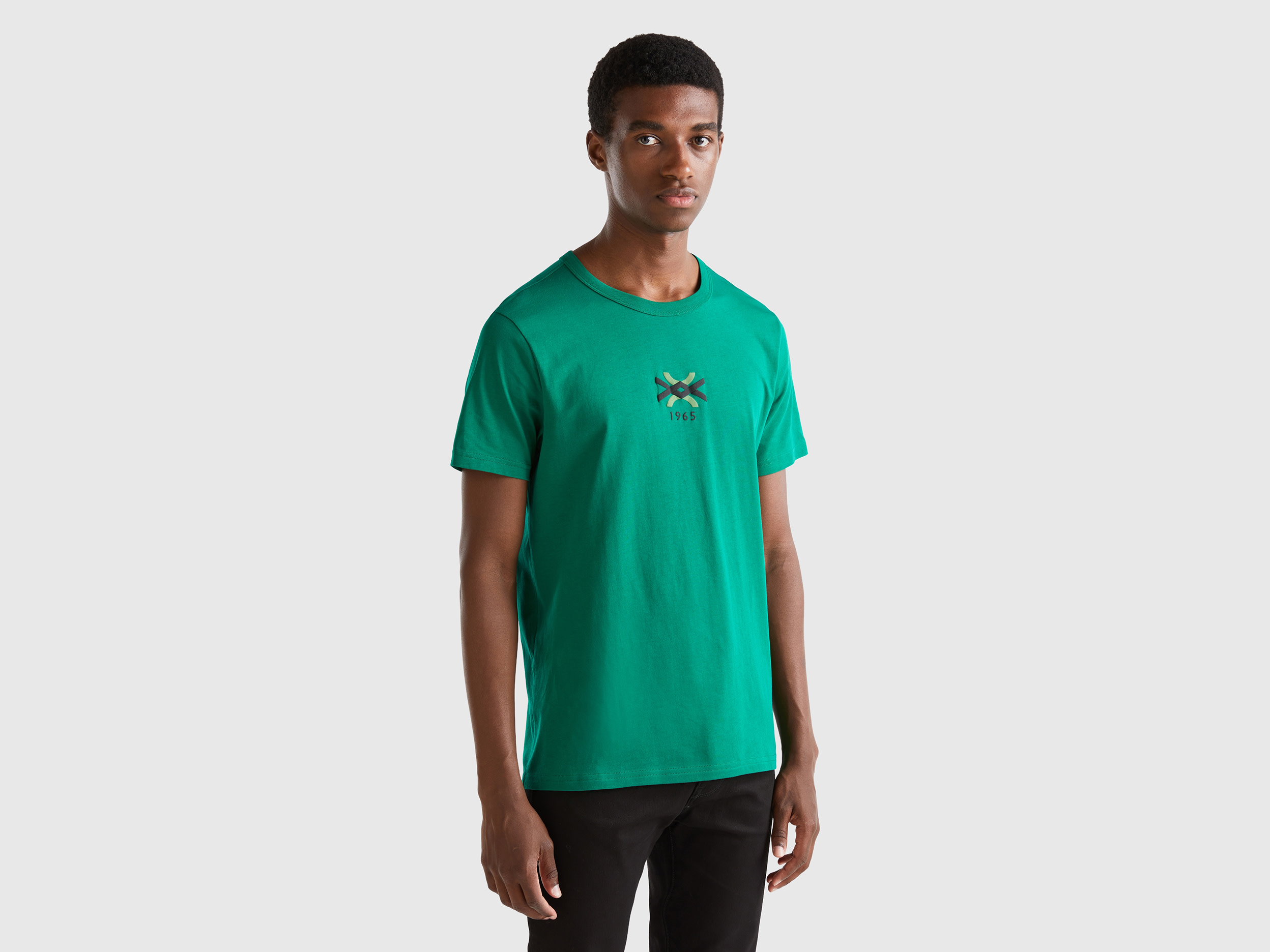 Benetton, Forest Green T-shirt In Organic Cotton With Logo Print, size XXXL, Green, Men