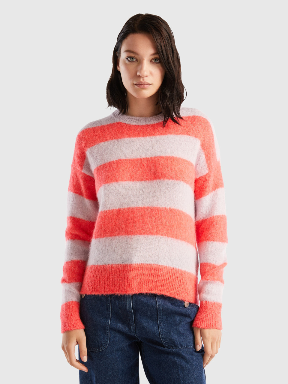 Benetton, Striped Sweater In Alpaca Blend, Orange, Women
