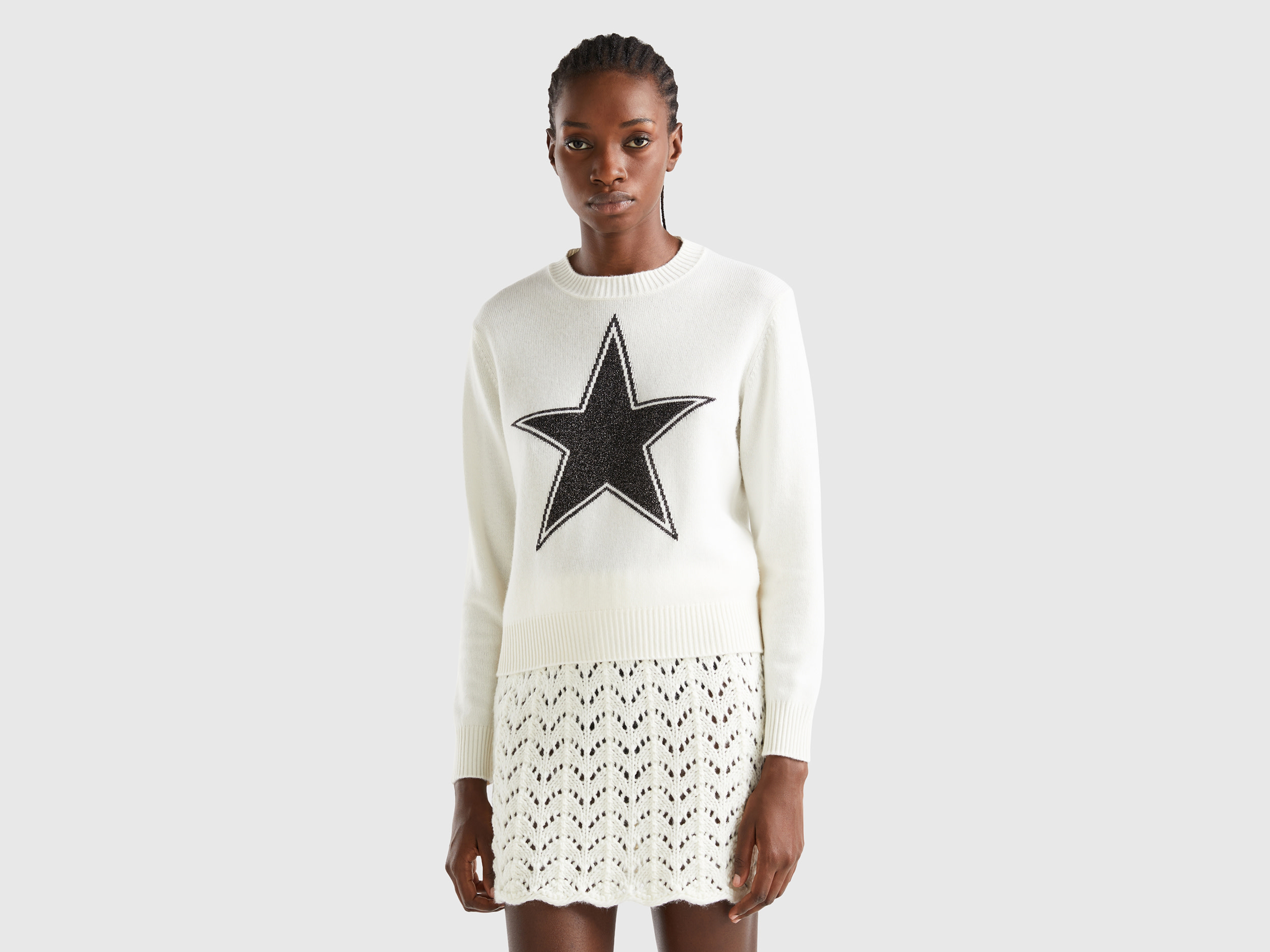 Benetton, Sweater With Lurex Star, size M, White, Women