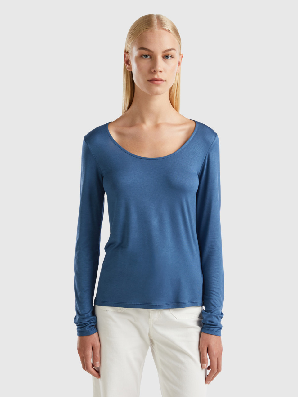 Benetton, T-shirt En Viscose Durable Stretch, Bleu Horizon, Femme