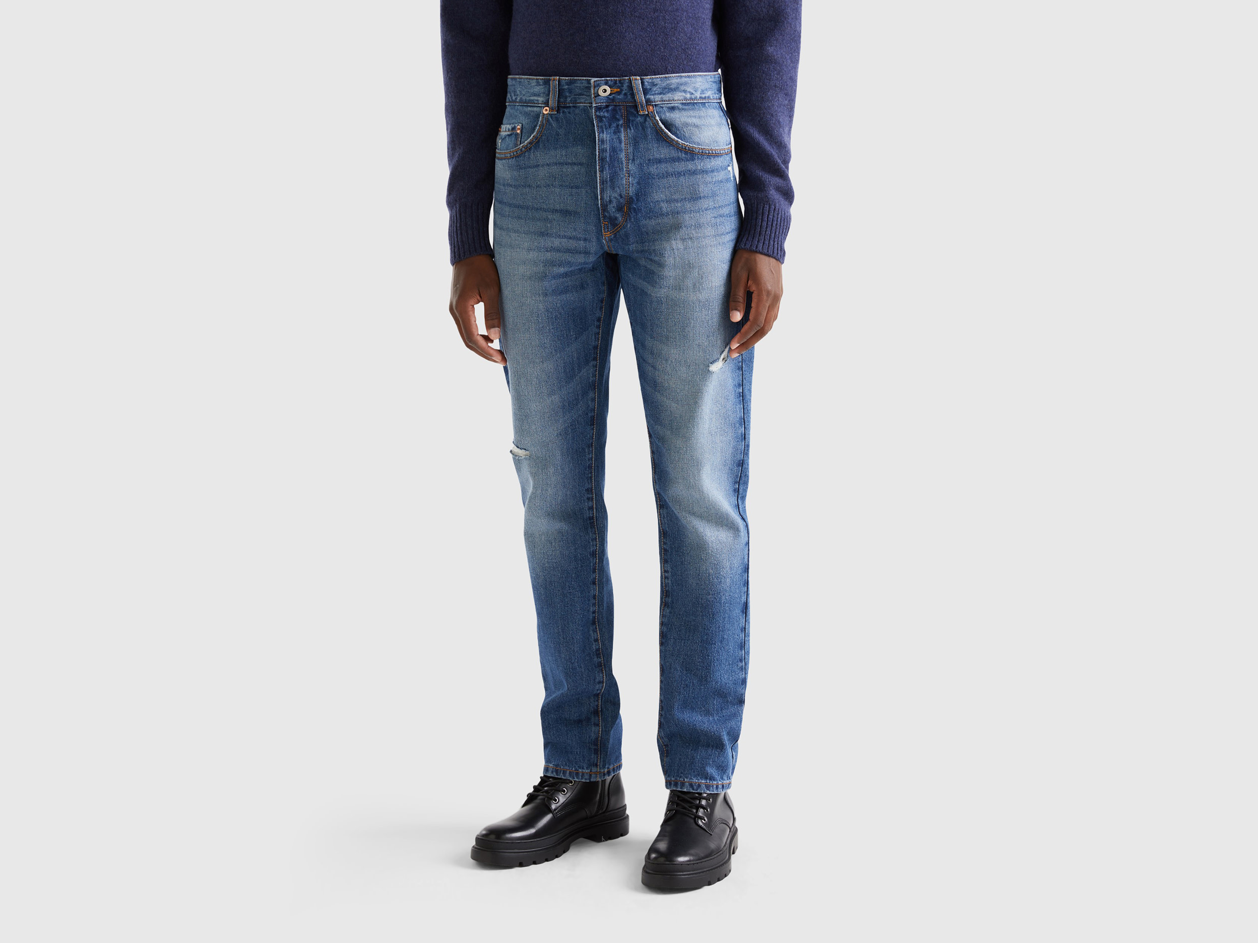 Benetton, Straight Leg Jeans With Tears, size 34, Light Blue, Men