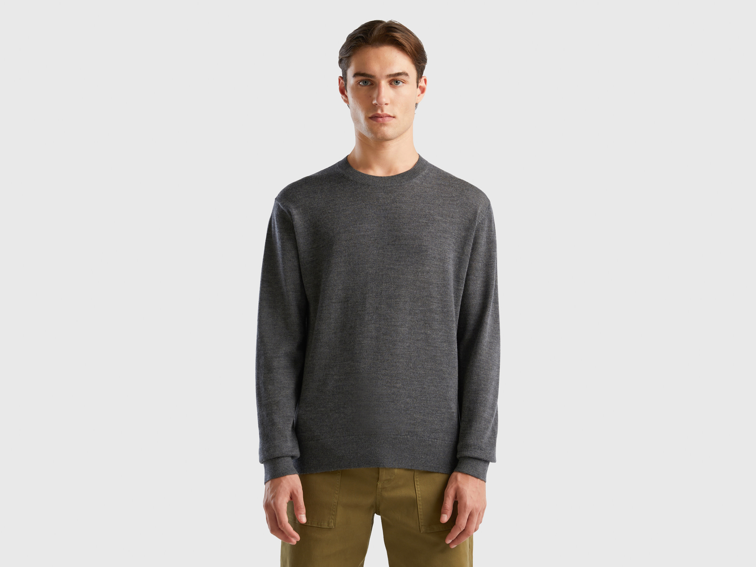 Benetton, Dark Gray Sweater In Pure Merino Wool, size S, Dark Gray, Men