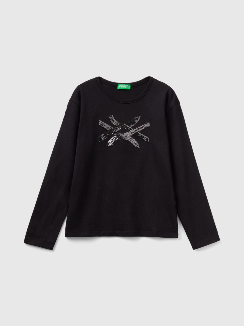 Benetton, T-shirt In Warm Organic Cotton With Sequins, Black, Kids