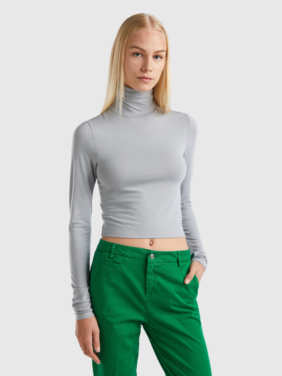 Benetton, T-shirt With High Neck, Light Gray, Women