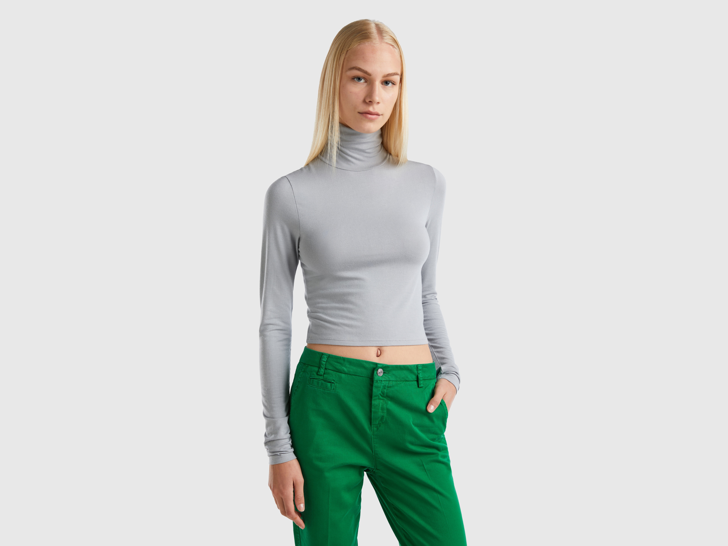 Benetton, T-shirt With High Neck, size XL, Light Gray, Women
