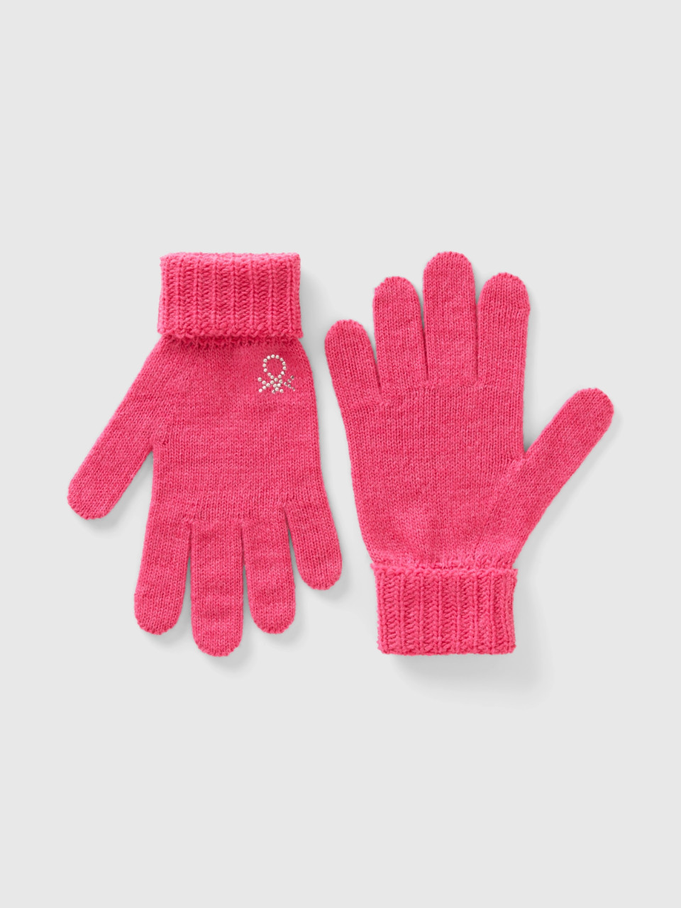 Benetton, Knit Gloves With Logo, Fuchsia, Kids