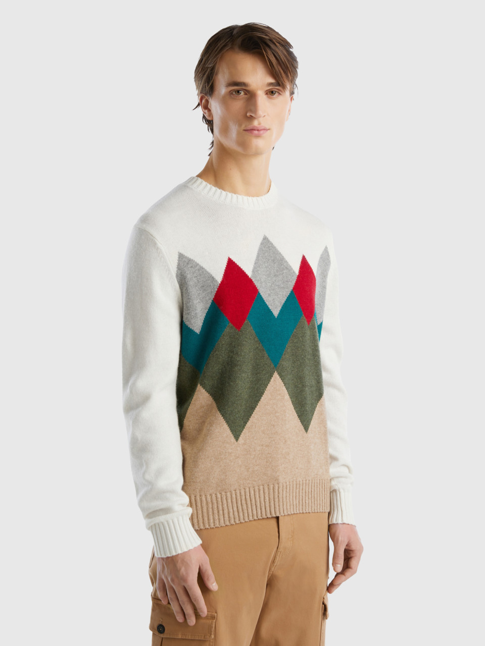 Benetton, Sweater With Geometric Pattern, White, Men