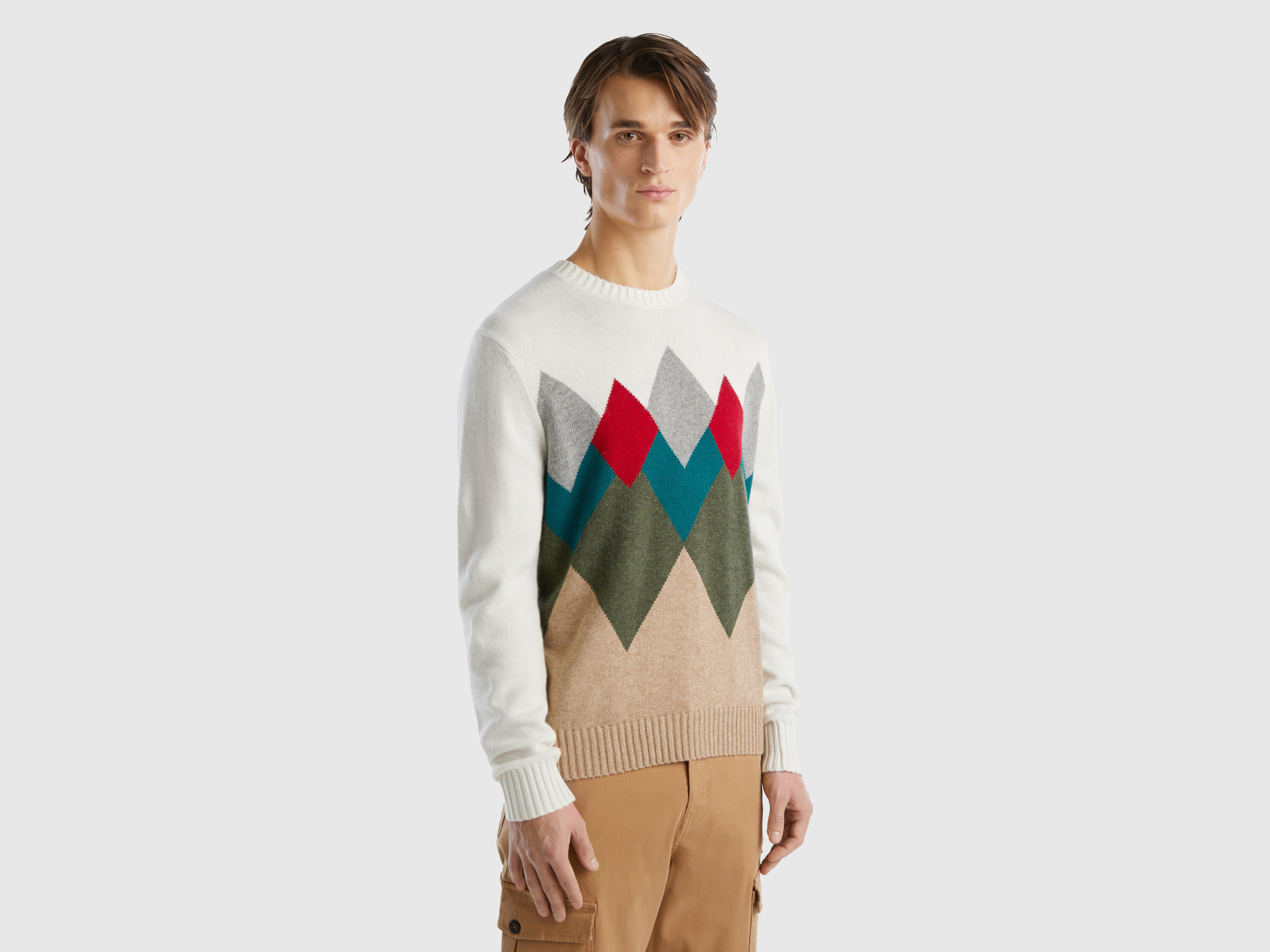 Benetton, Sweater With Geometric Pattern, size XL, White, Men
