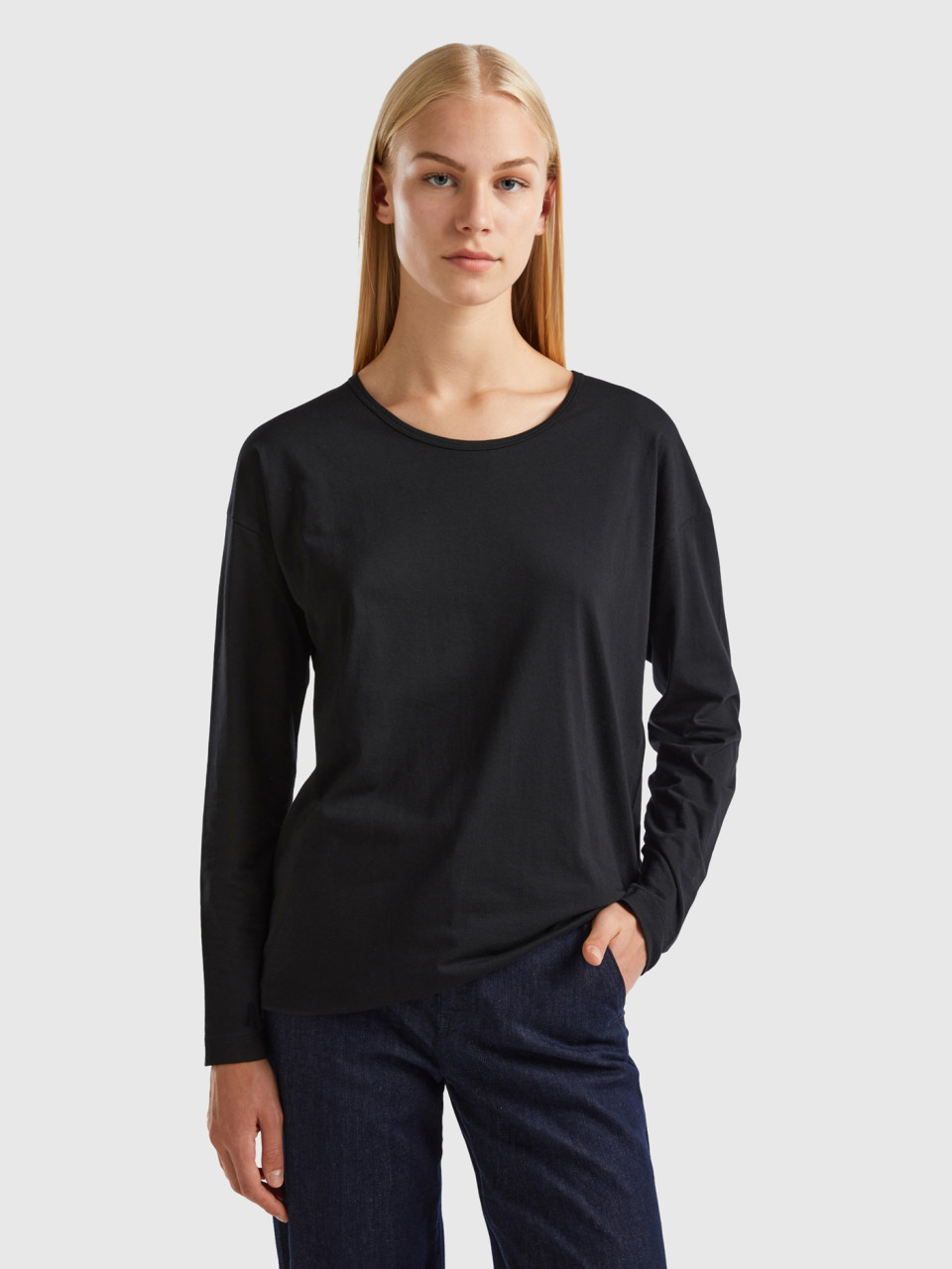 Benetton, T-shirt Noir En Coton À Fibre Longue, Noir, Femme