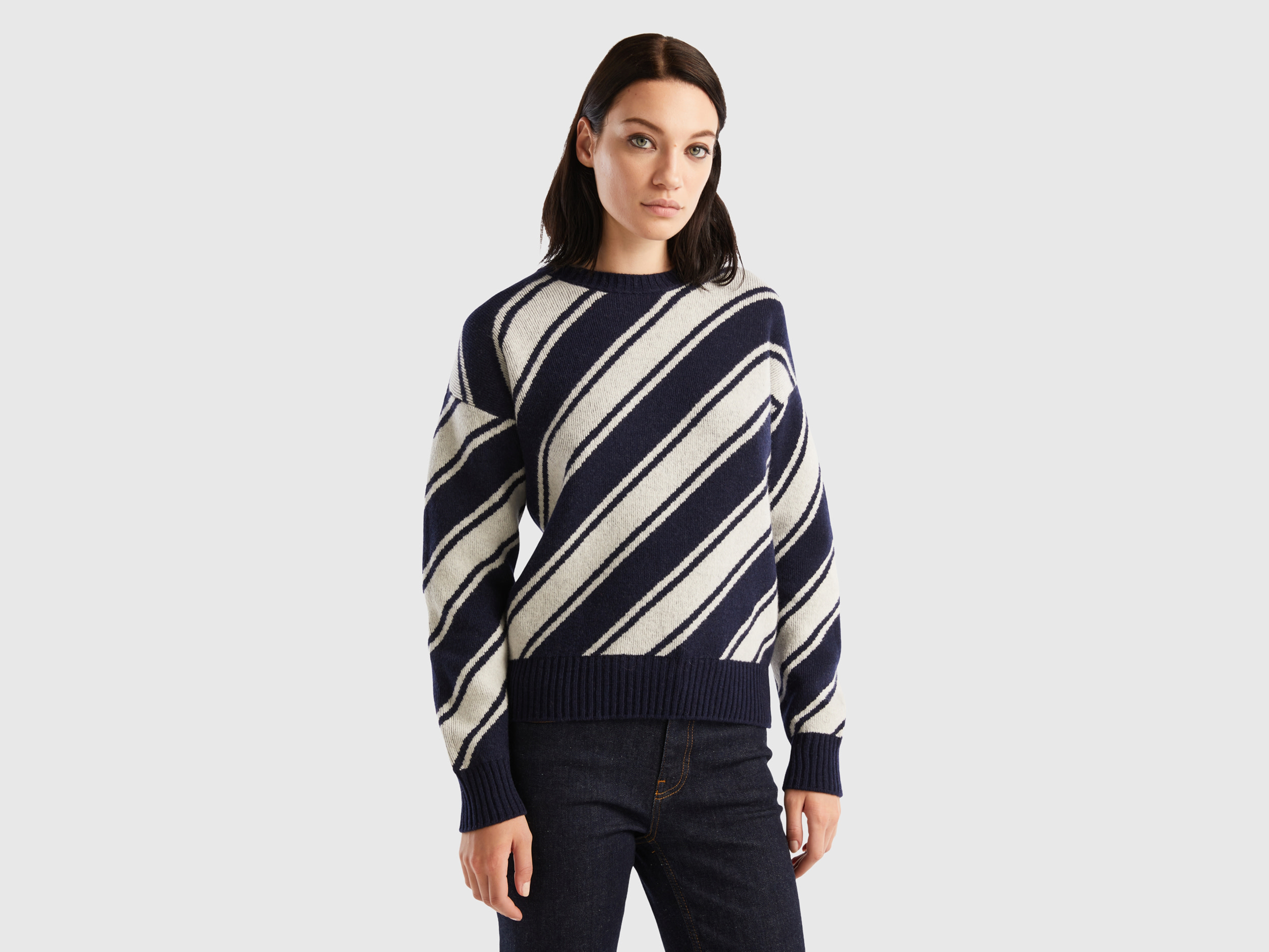 Benetton, Regimental Striped Sweatshirt, size M, Dark Blue, Women