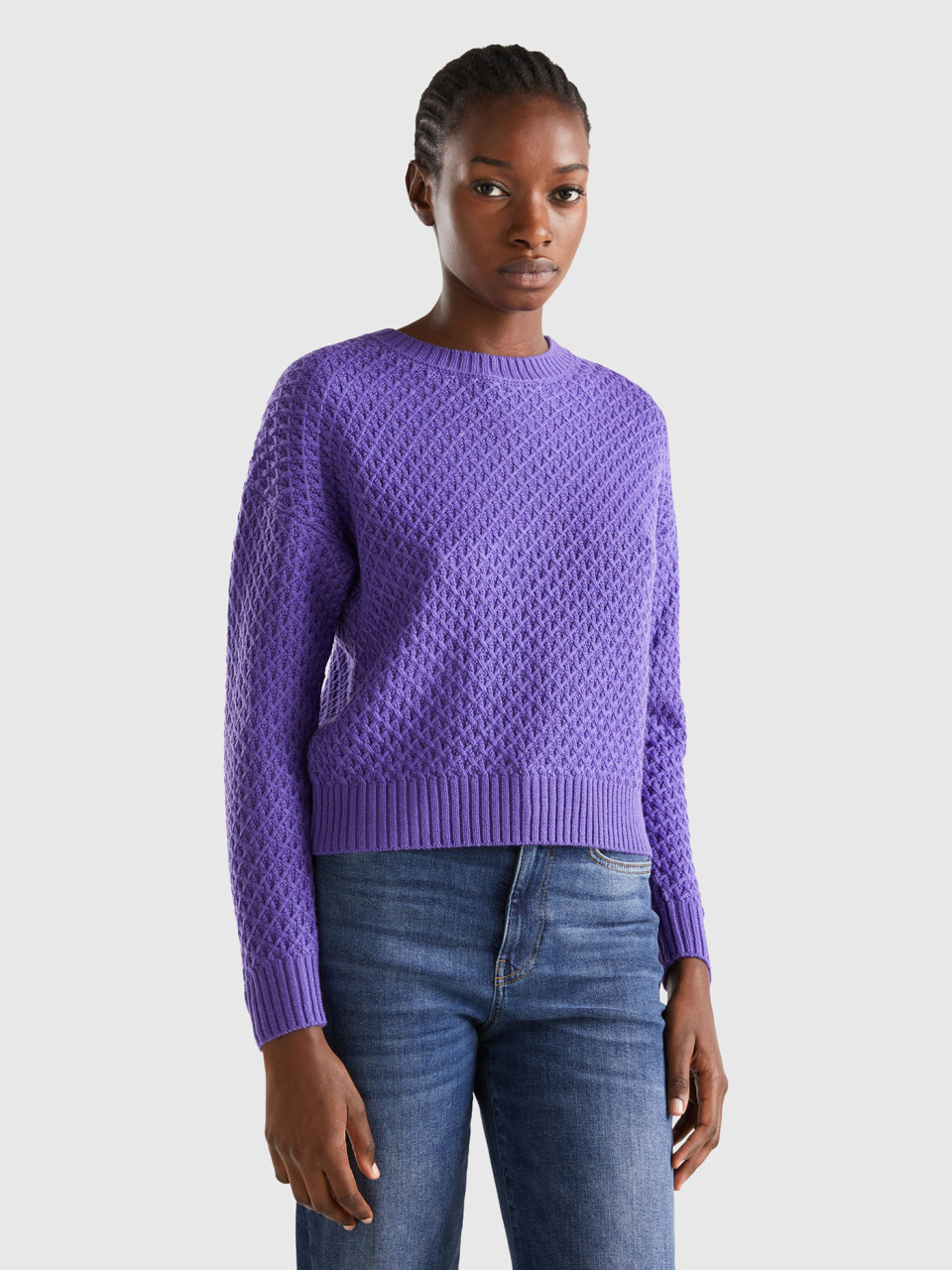 Benetton, Boxy Fit Knit Sweater, Violet, Women