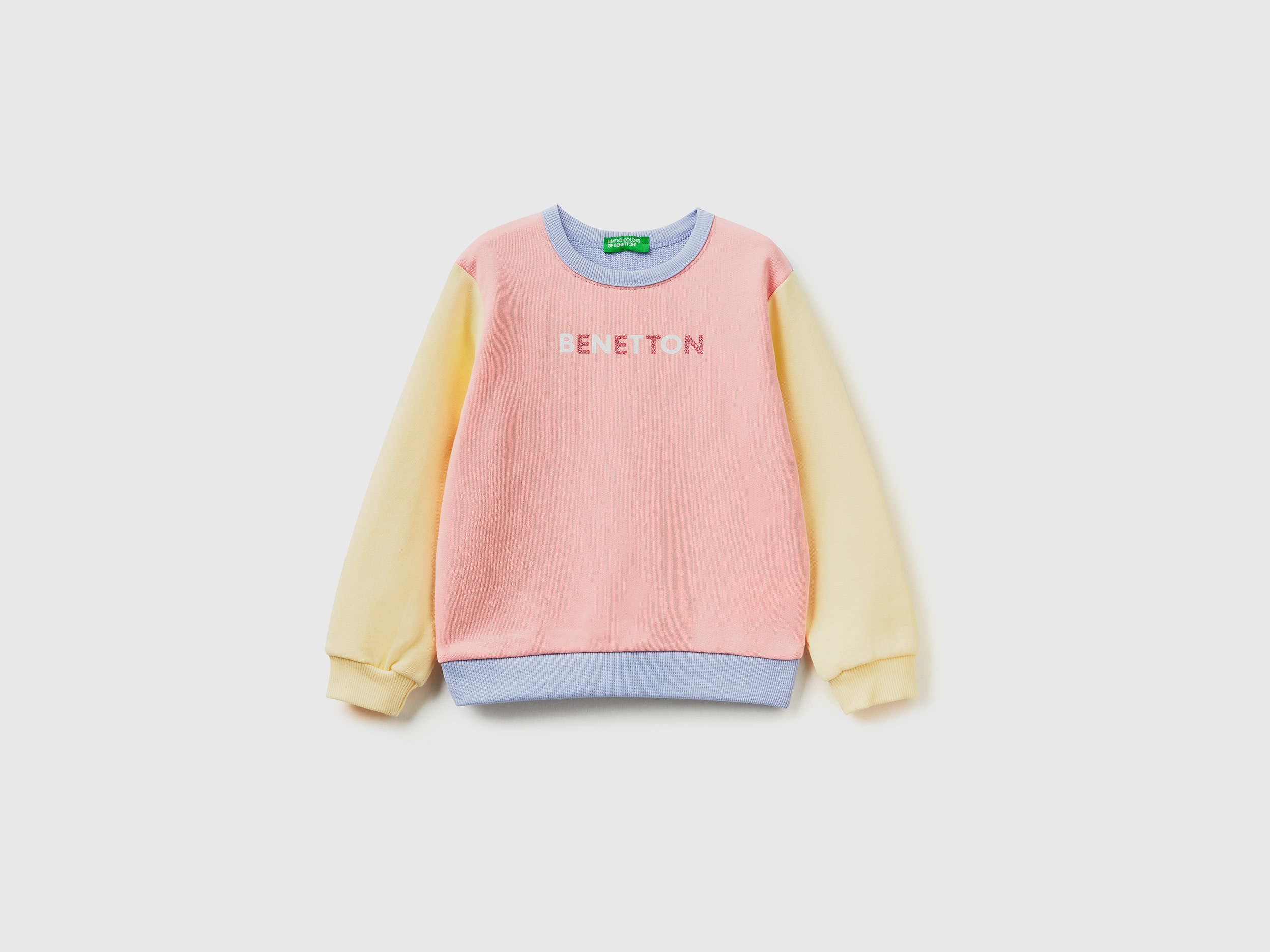Benetton, Color Block Sweatshirt In Organic Cotton With Glittery Print, size 4-5, Multi-color, Kids