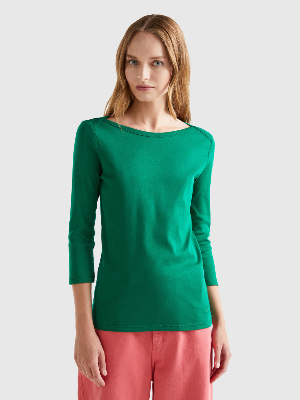 Benetton, T-shirt Encolure Bateau 100 % Coton, Vert, Femme