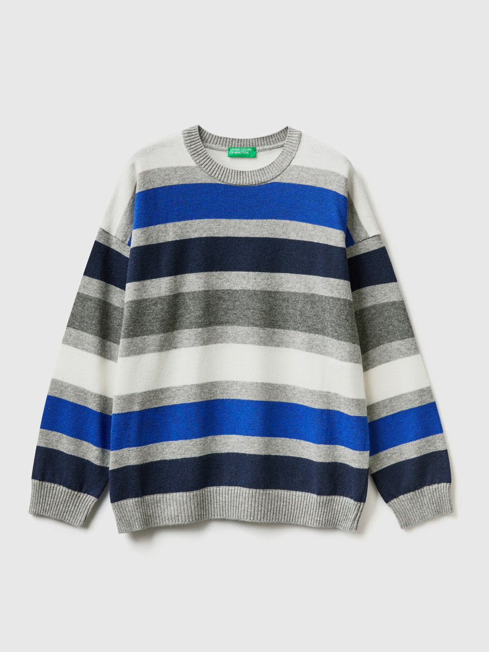 Benetton, Striped Sweater In Wool And Cotton Blend, Light Gray, Kids