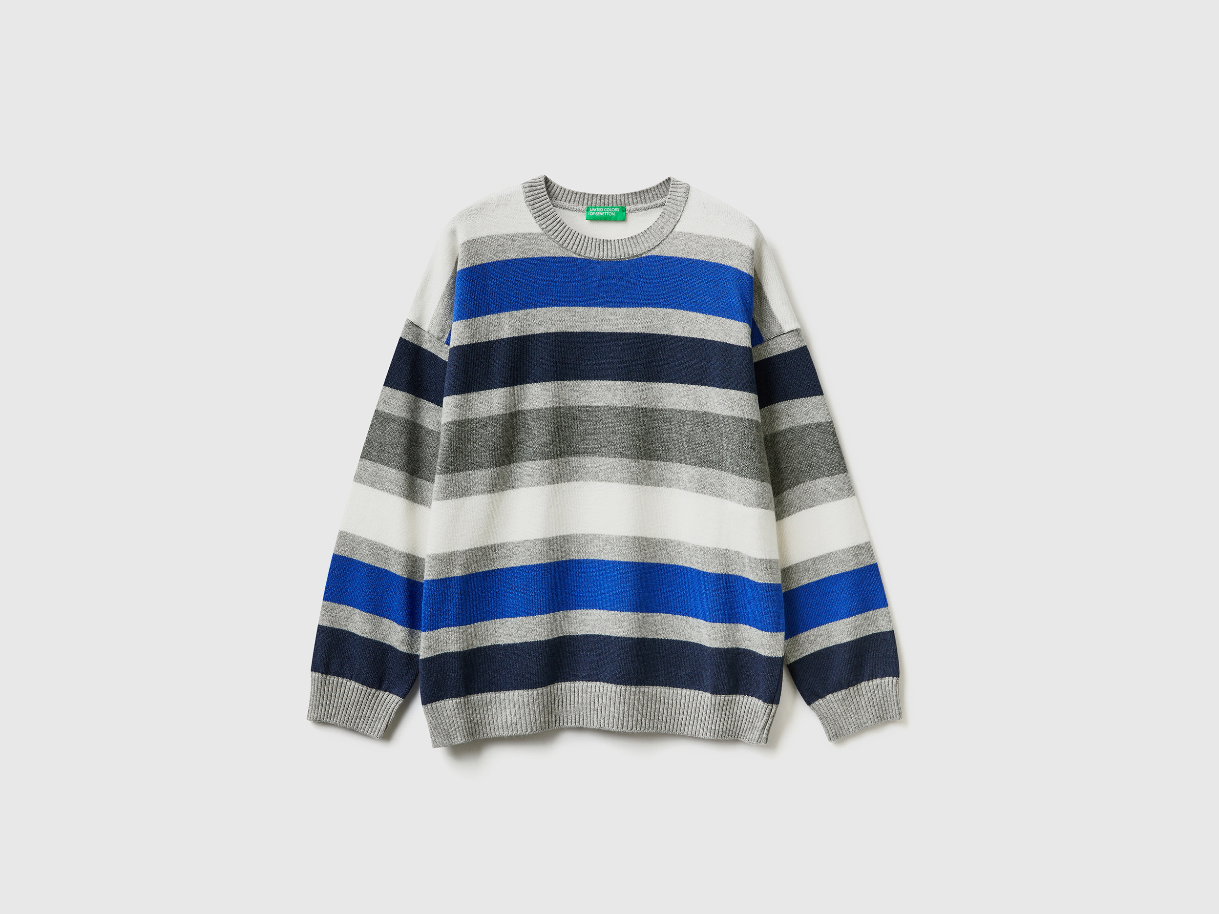 Benetton, Striped Sweater In Wool And Cotton Blend, size 2XL, Light Gray, Kids