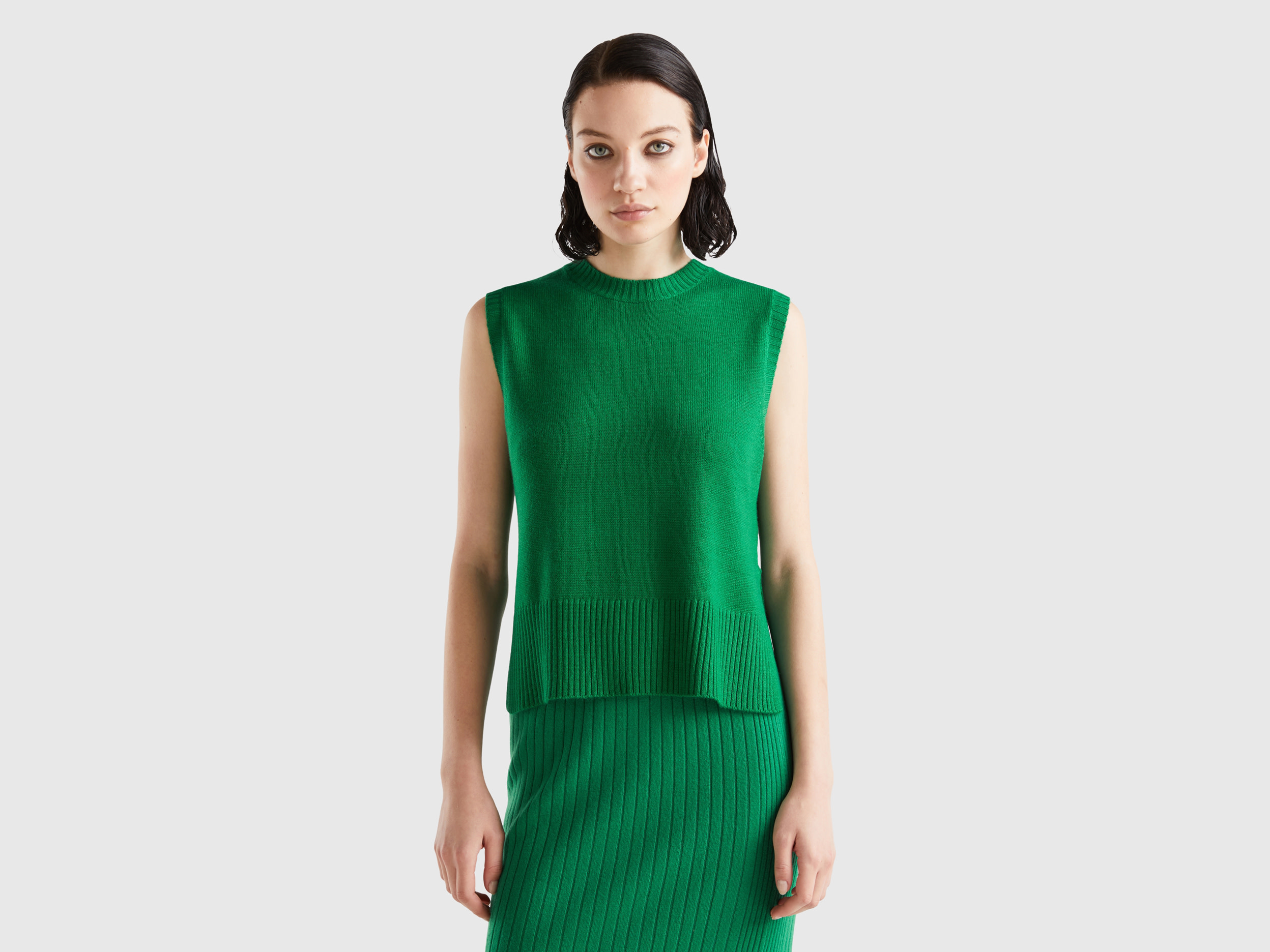 Benetton, Knit Vest With Slits, size XS, Green, Women
