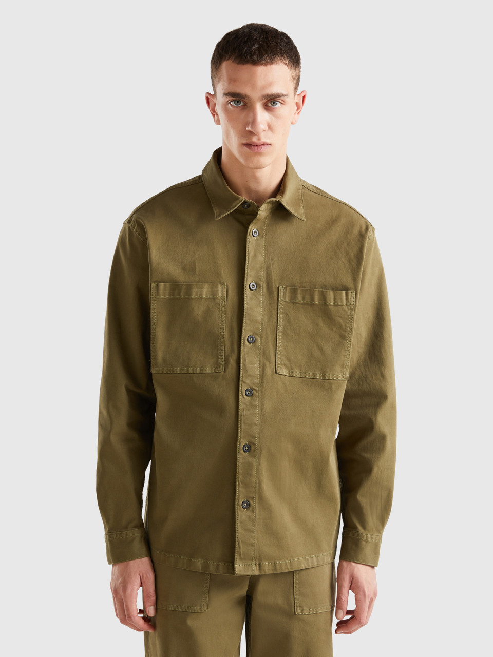 Benetton, Overshirt With Pockets, Military Green, Men