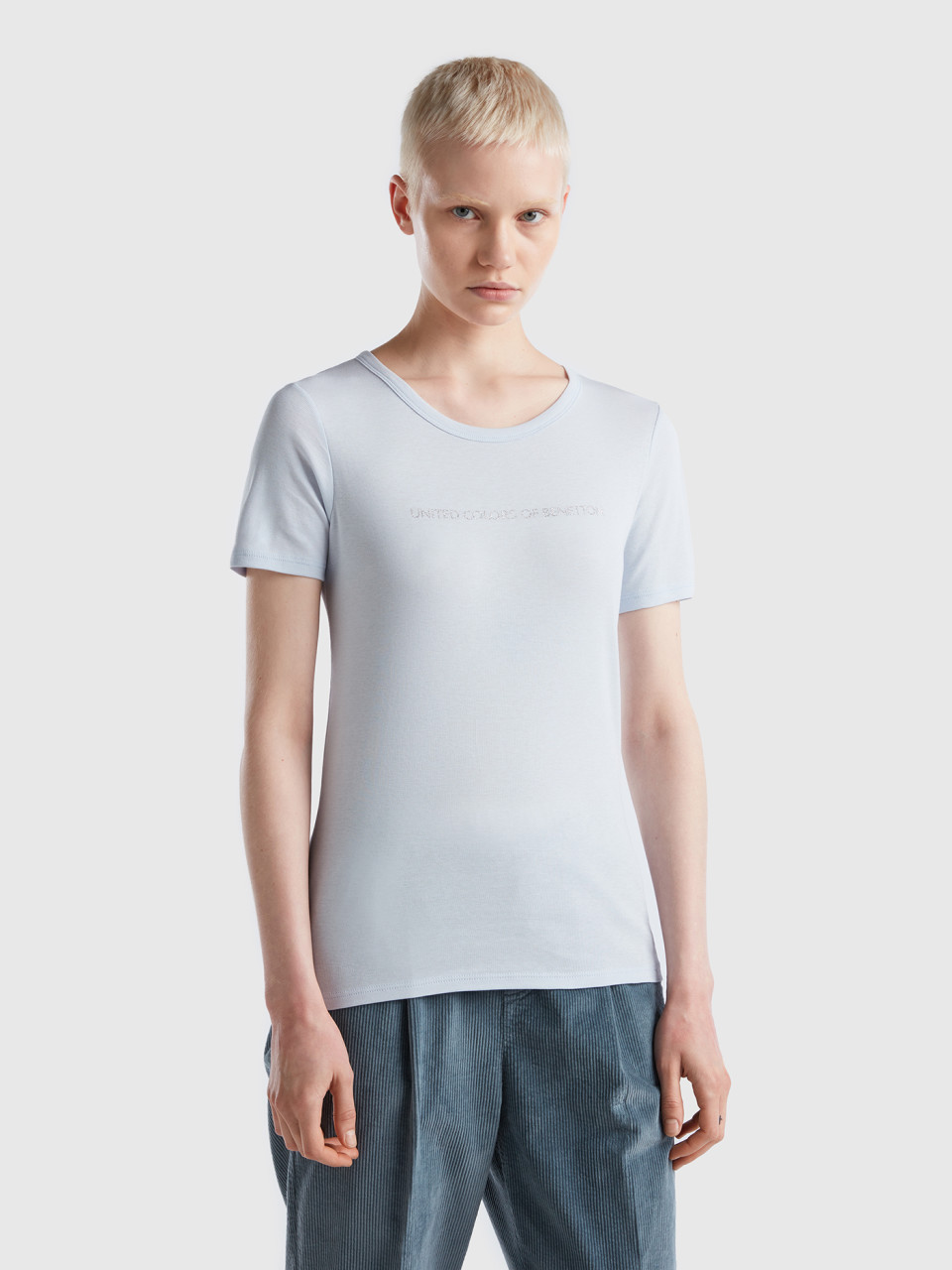 Benetton, T-shirt In 100% Cotton With Glitter Print Logo, Sky Blue, Women
