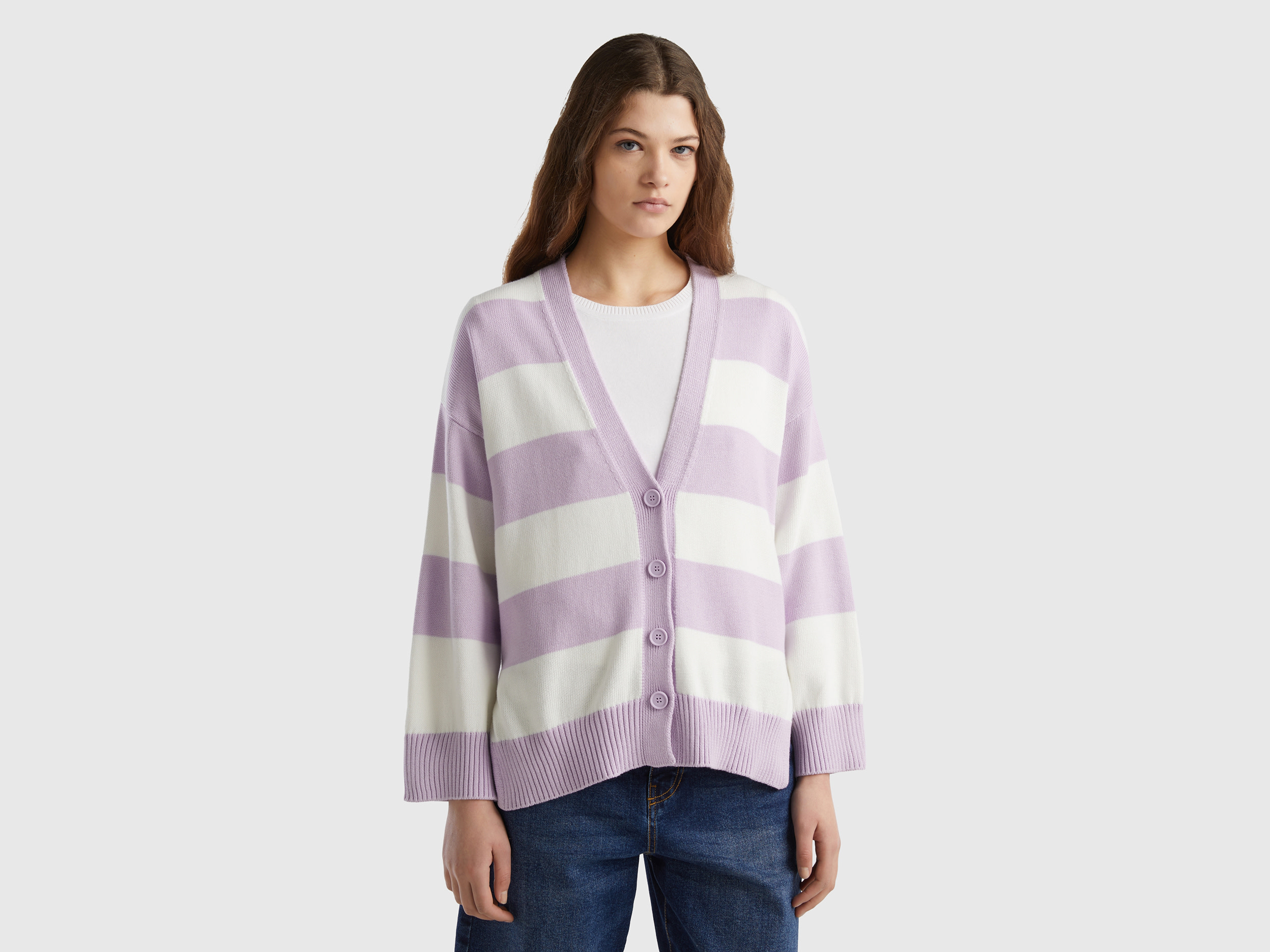 Benetton, Striped Cardigan In Tricot Cotton, size M, Lilac, Women