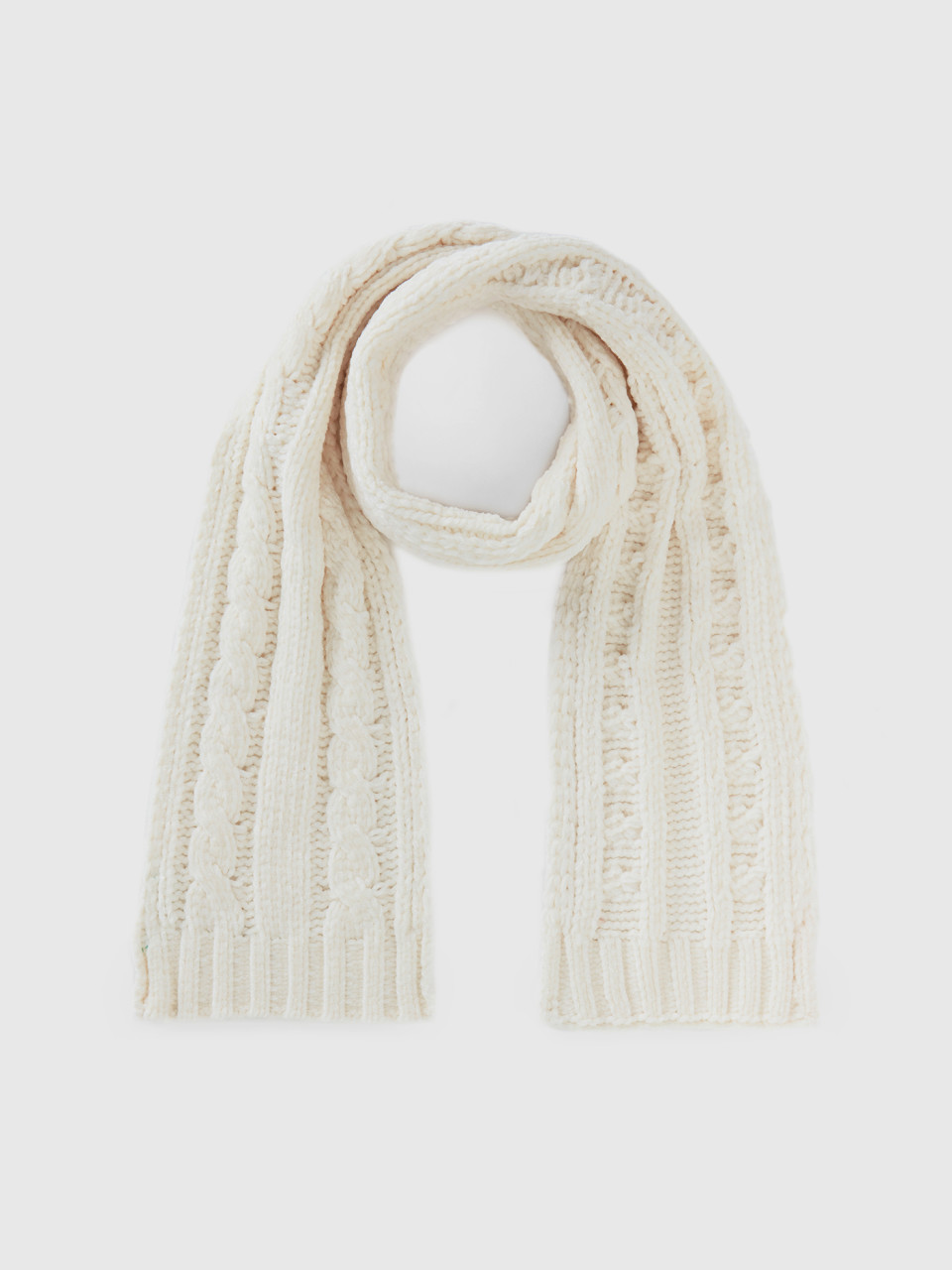 Benetton, Chenille Scarf With Cable Knit, White, Kids