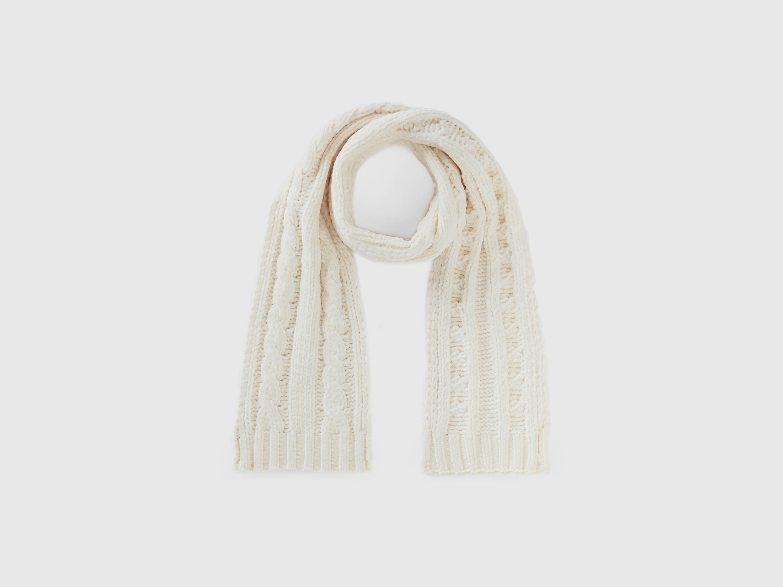 Benetton, Chenille Scarf With Cable Knit, size 4-6, White, Kids