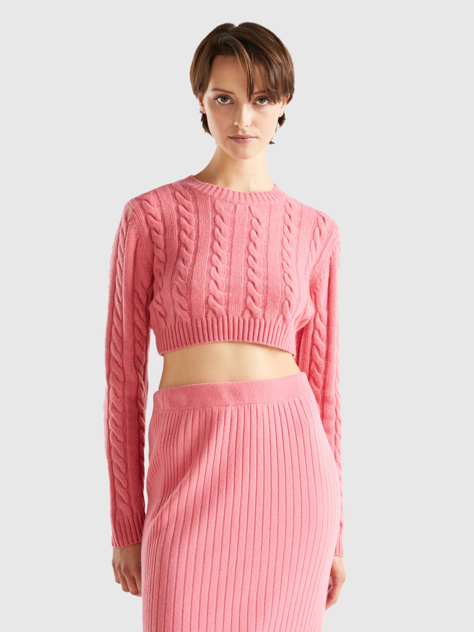 Benetton, Cropped Sweater With Cables, Pink, Women