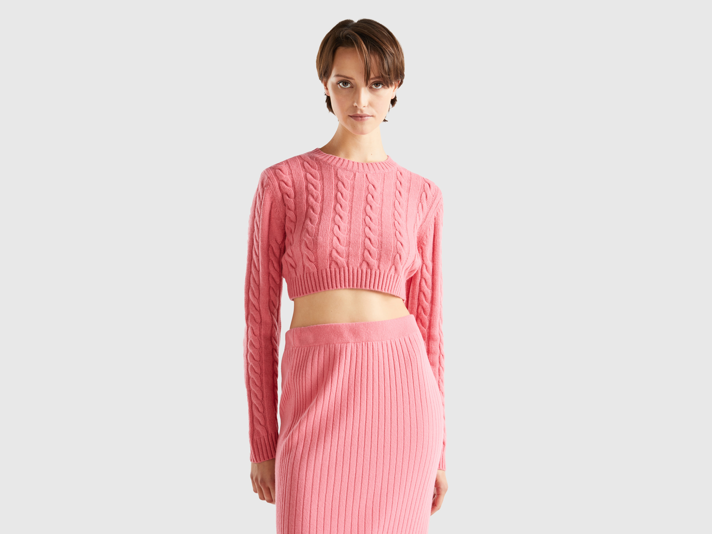 Benetton, Cropped Sweater With Cables, size L, Pink, Women