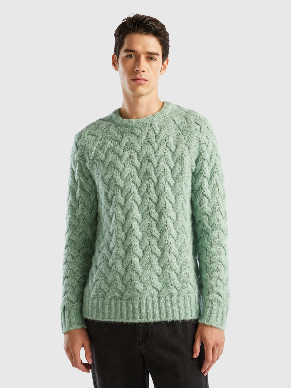 Benetton, Mohair Blend Cable Knit Sweater, Aqua, Men