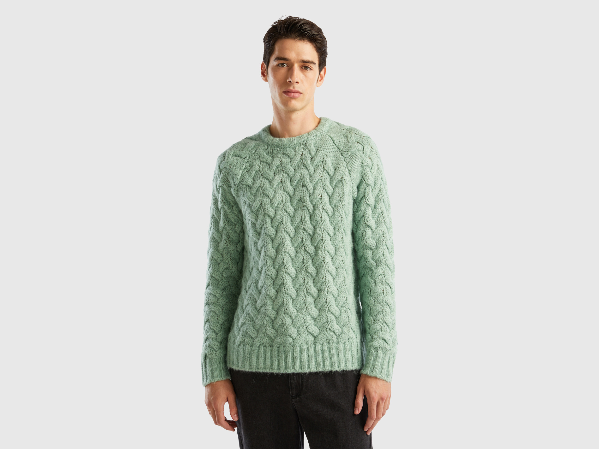Benetton, Mohair Blend Cable Knit Sweater, size M, Aqua, Men