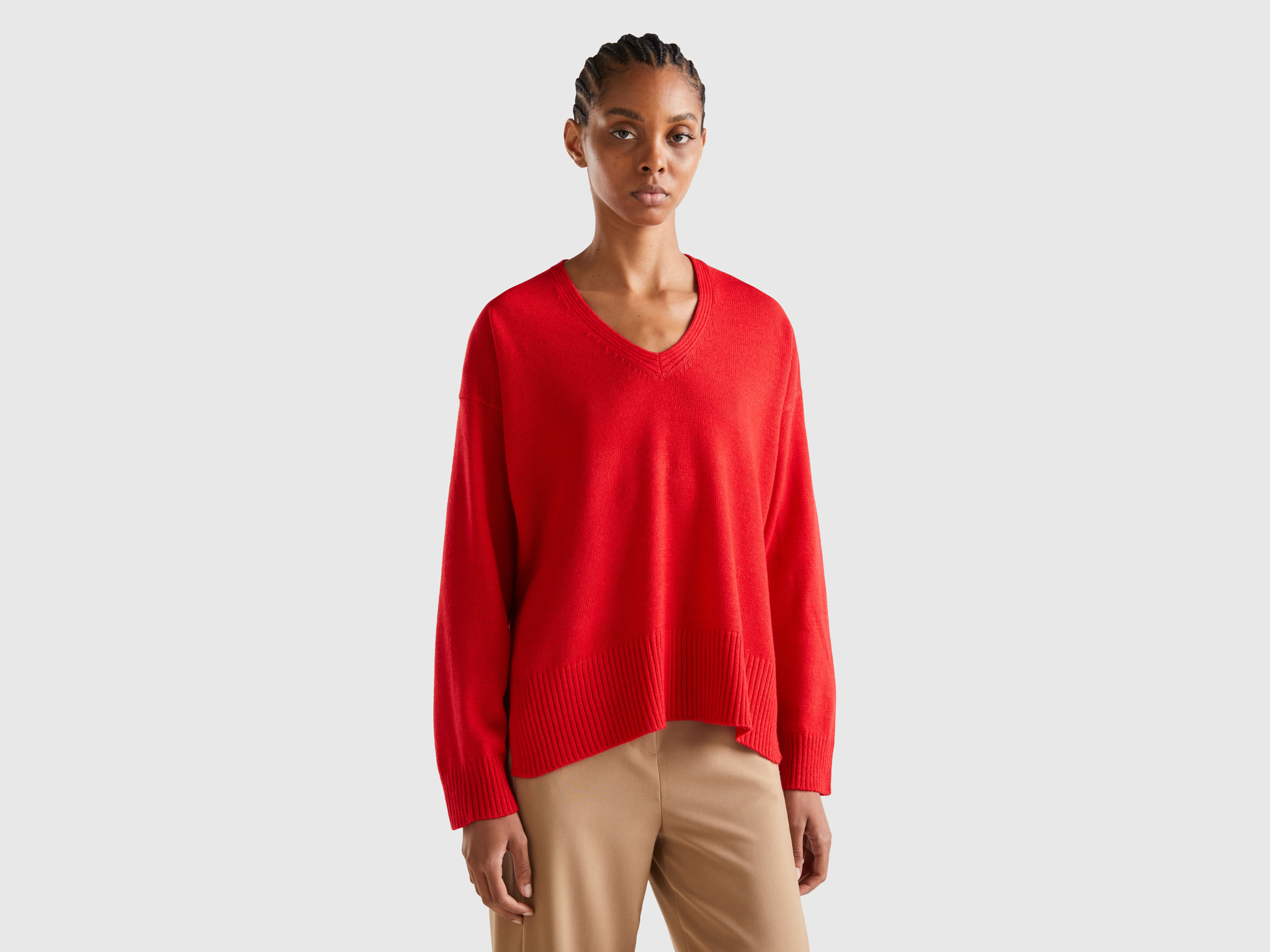 Benetton, Oversized Fit V-neck Sweater, size XS-S, Red, Women