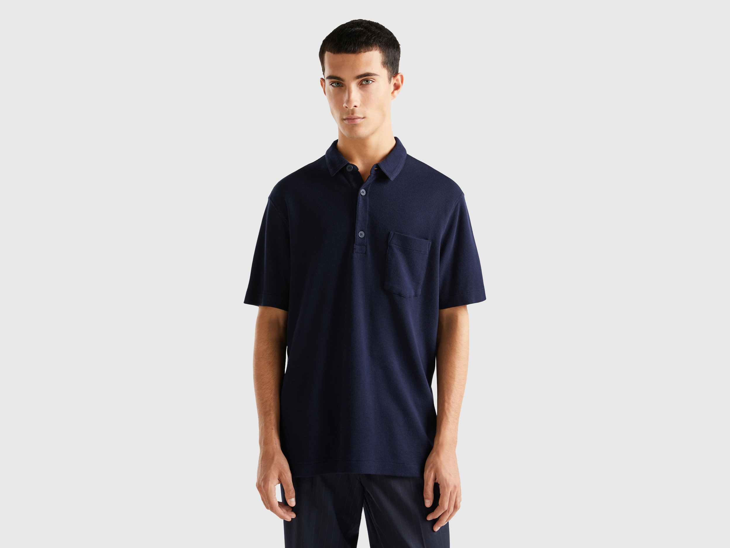 Benetton, Polo With Pocket And Relaxed Fit, size XL, Dark Blue, Men