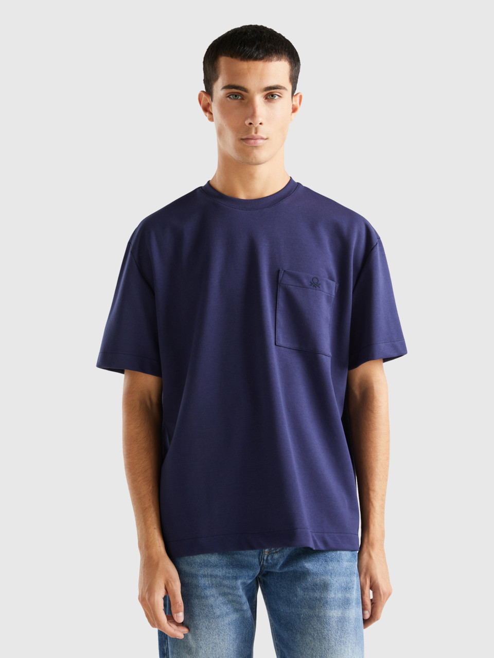 Benetton, T-shirt Oversize À Petite Poche, Bleu Foncé, Homme