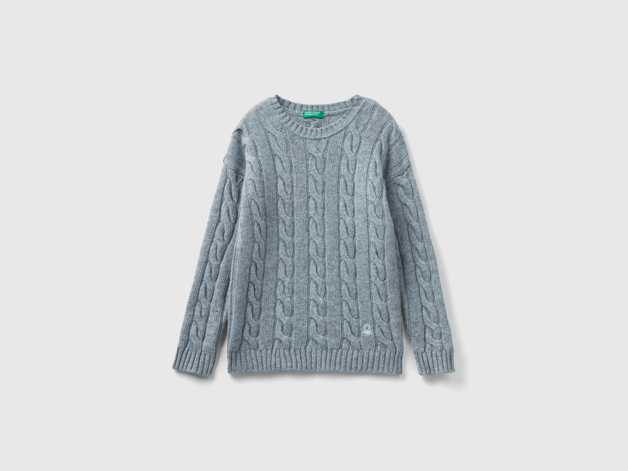 Benetton, Cable Knit Sweater In Wool Blend, size S, Gray, Kids