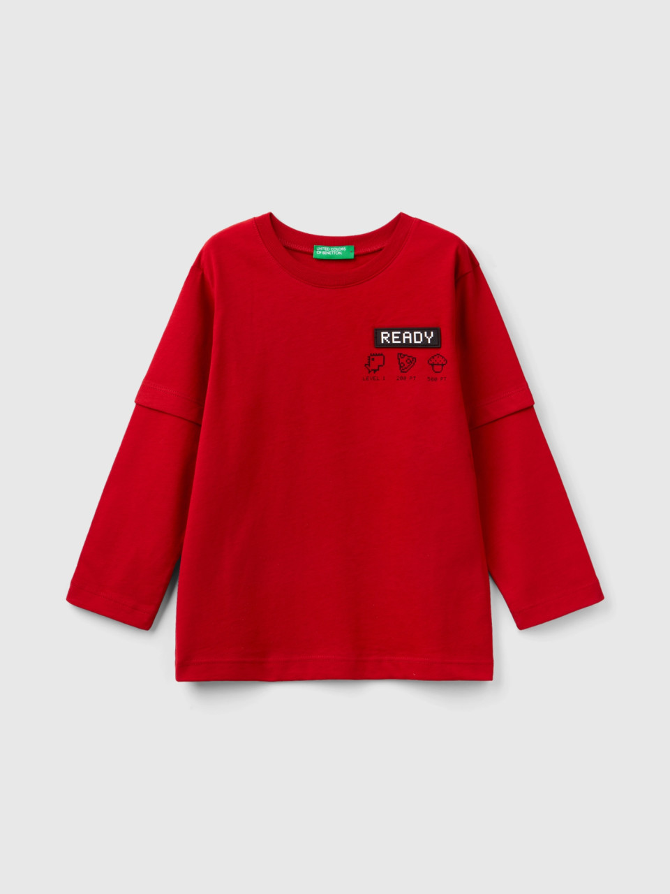 Benetton, T-shirt À Manches Doubles, Rouge, Enfants