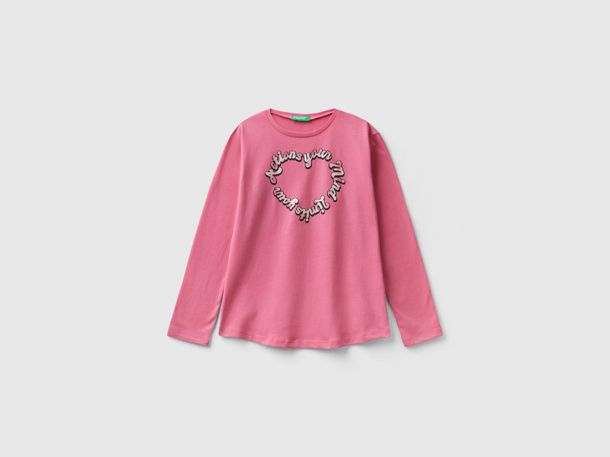 Benetton, Warm Cotton T-shirt With Glittery Print, size L, Pink, Kids
