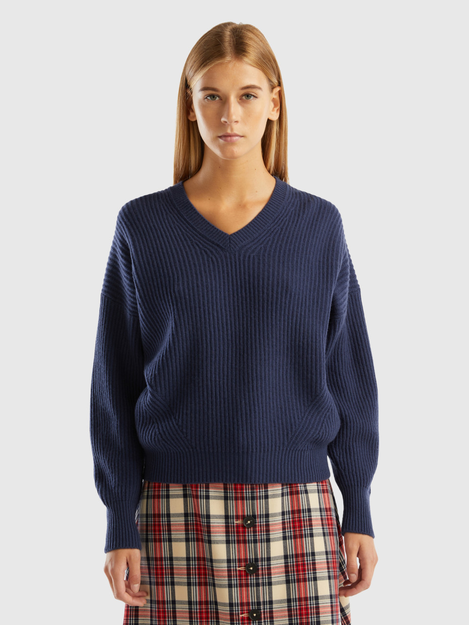 Benetton, Soft Sweater With V-neck, Dark Blue, Women