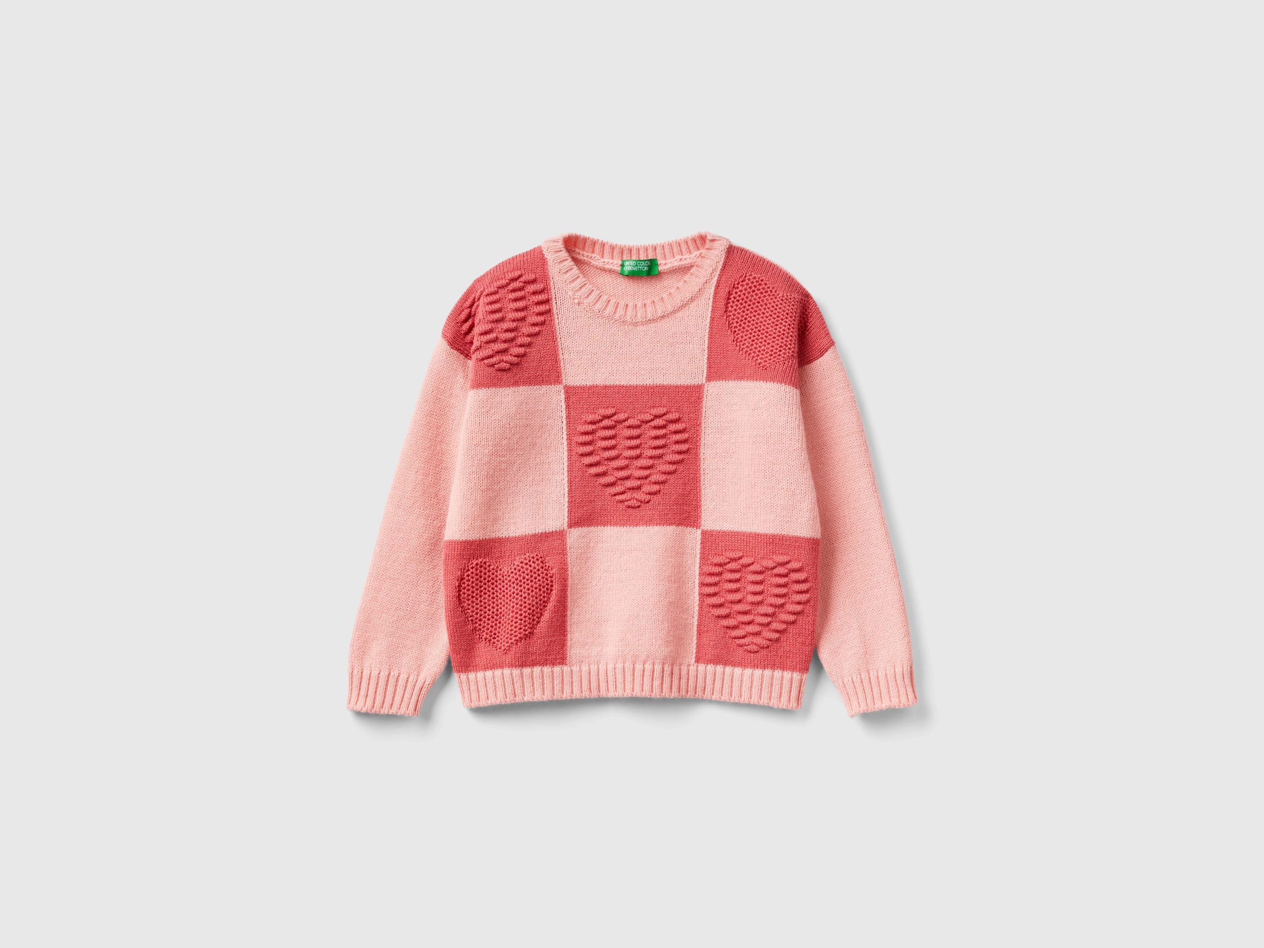Benetton, Checkered Sweater With Hearts, size 12-18, Pink, Kids