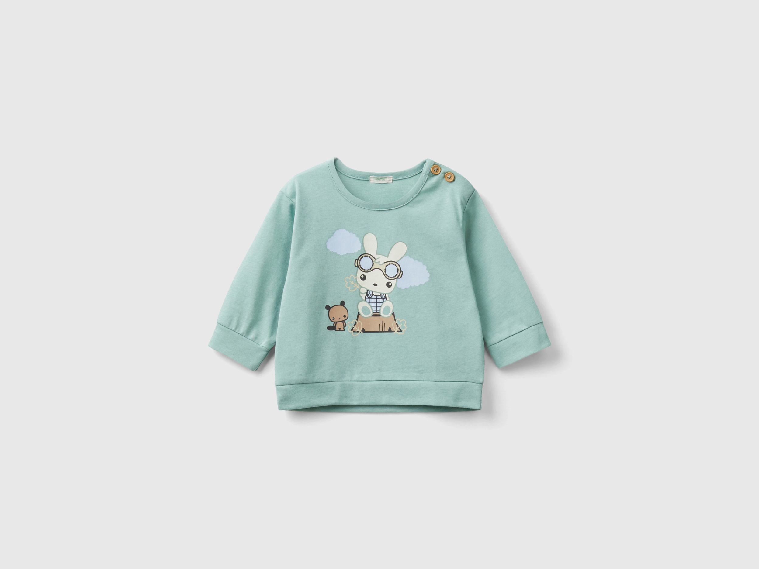 Benetton, Warm T-shirt With Bunny Print, size 12-18, Aqua, Kids