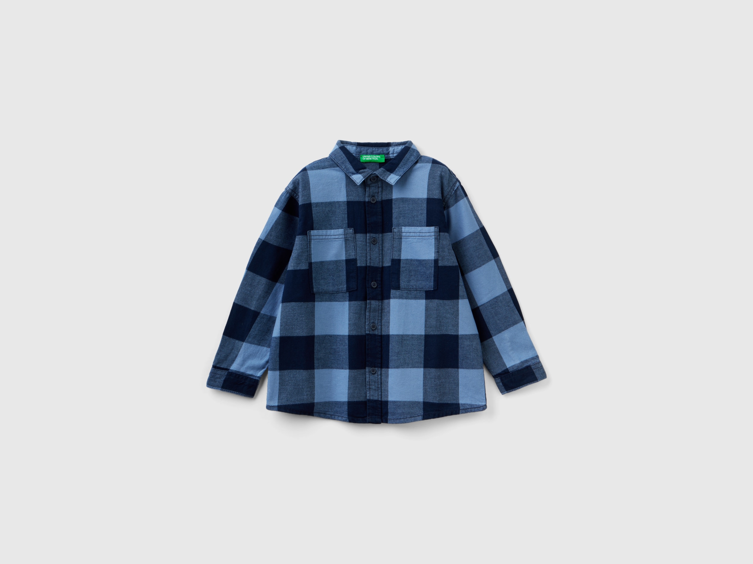 Benetton, Plaid Shirt In 100% Cotton, size 5-6, Blue, Kids