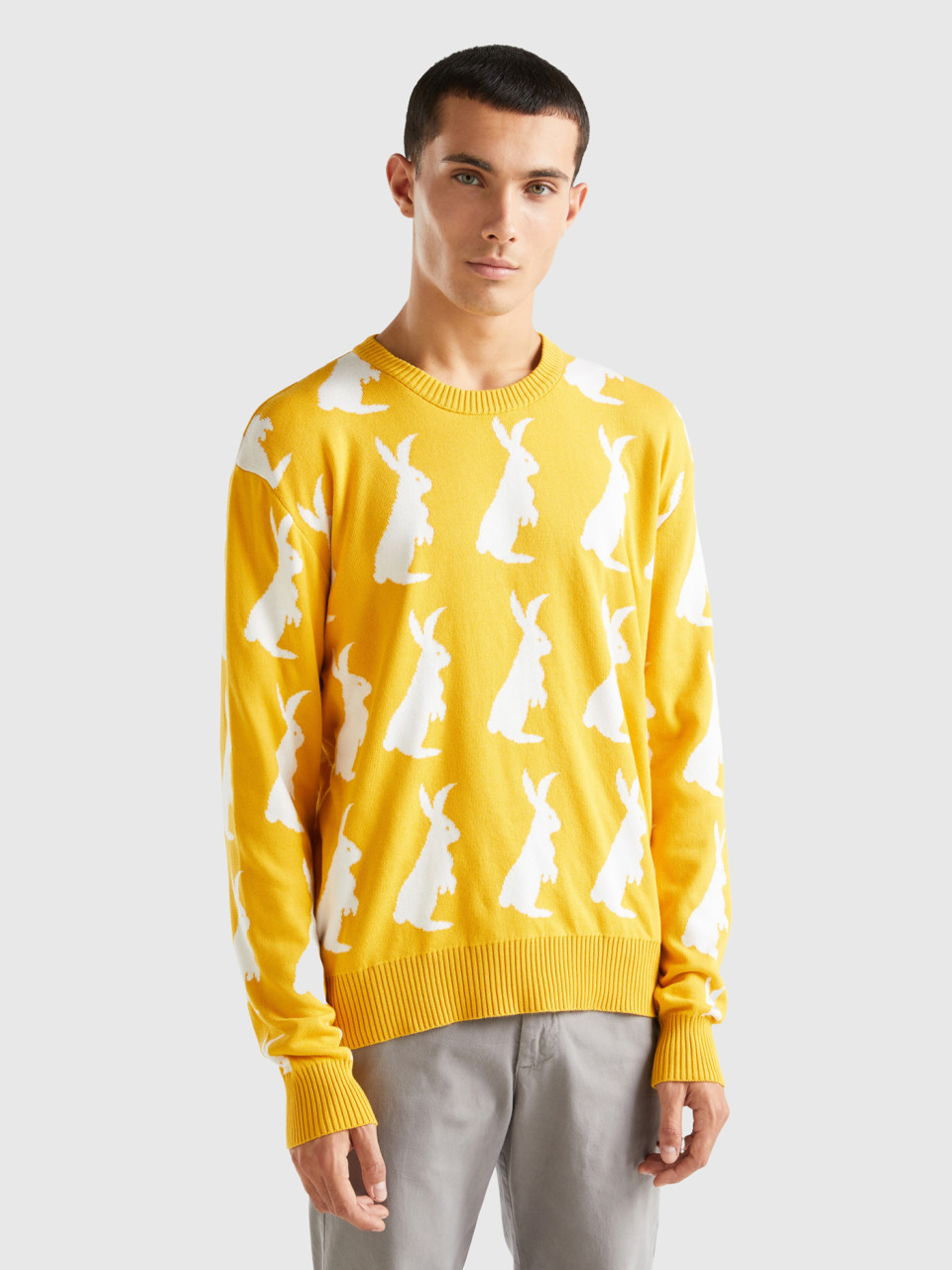 Benetton, Sweater With Bunny Pattern, Yellow, Men