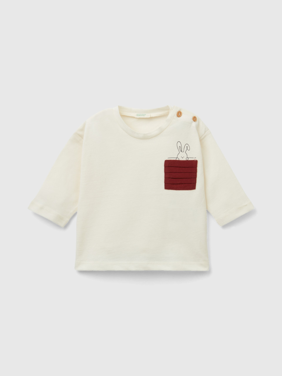 Benetton, T-shirt À Petite Poche Plissée, Crème, Enfants